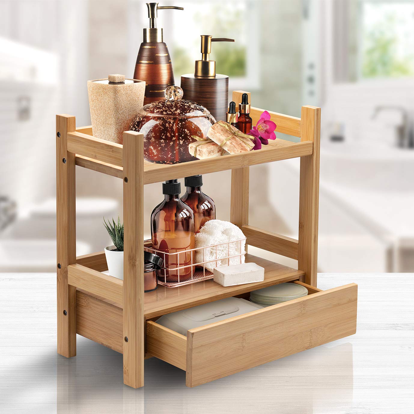 Sorbus Bamboo Bathroom Counter Organizer – 2-Tier Shelf with Hidden Drawer for Vanity, Matcha Station, Bathroom Sink Organizer Countertop, Kitchen & Office Storage (13″ L x 6.5″ W x 12.6″ H) - Image 2
