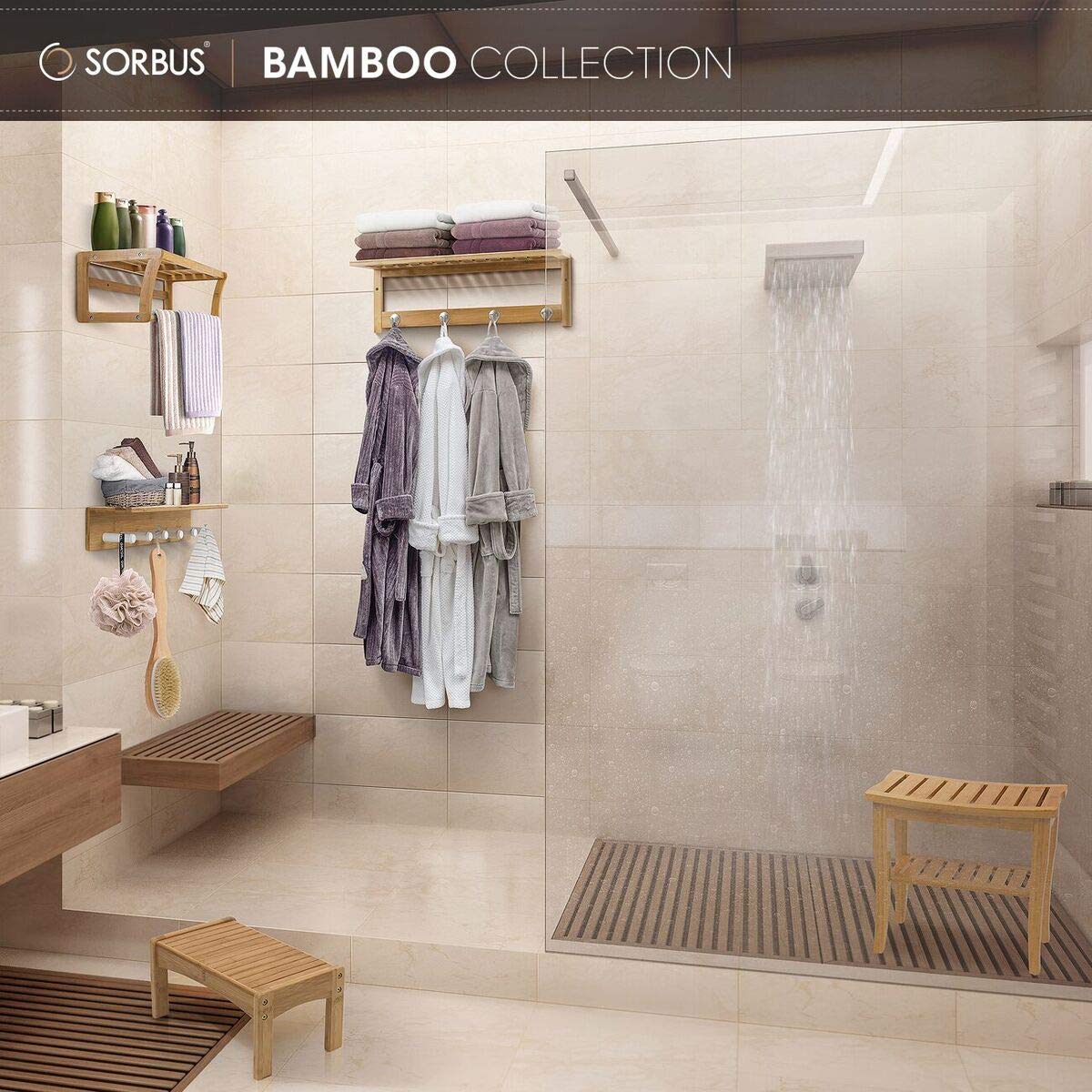 Sorbus Bamboo Shower Bench Stool with Shelf — 2-Tier Wood Storage & Seating for Bathroom, Shower Bench Chair, Bath Stool, Spa Sauna Seat - Image 7