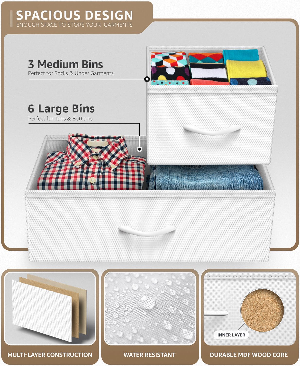 Sorbus Bedroom Dresser with 9 Drawers - Closet Organizer with Steel Frame Wood Top & Easy Pull Fabric Drawers for Clothing - Large Storage Furniture for Bedroom, Hallway, Living Room & Closet (White) - Image 4