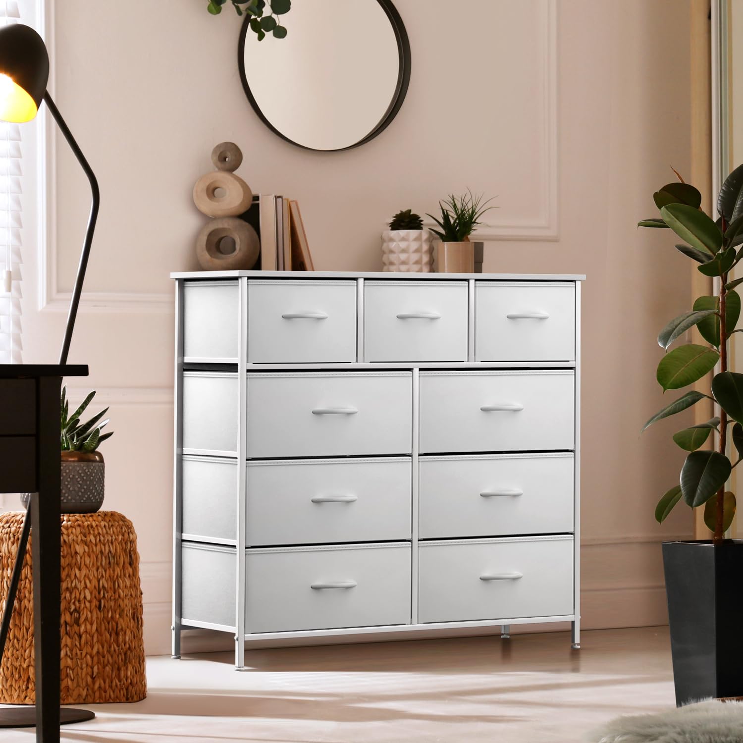 Sorbus Bedroom Dresser with 9 Drawers - Closet Organizer with Steel Frame Wood Top & Easy Pull Fabric Drawers for Clothing - Large Storage Furniture for Bedroom, Hallway, Living Room & Closet (White) - Image 5