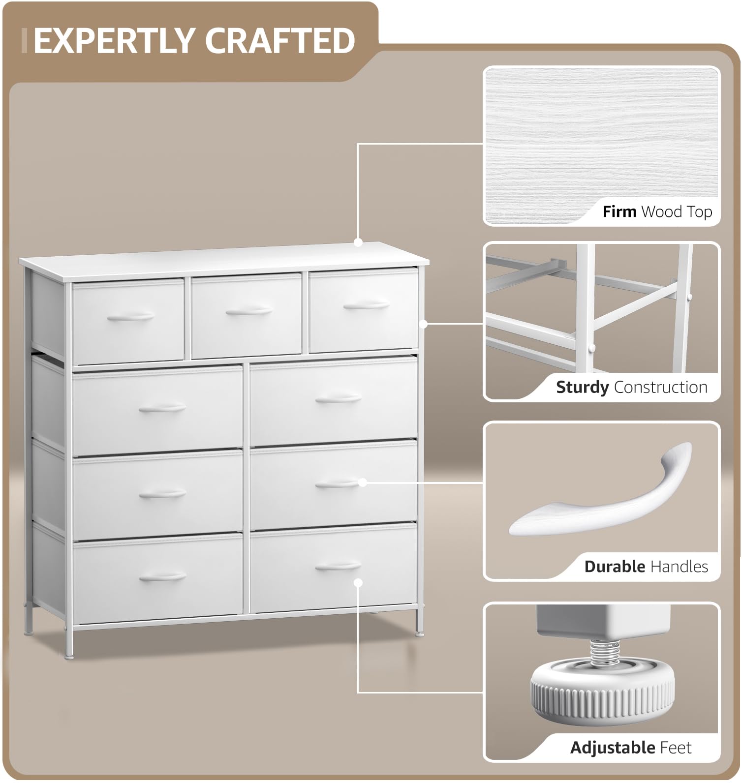 Sorbus Bedroom Dresser with 9 Drawers - Closet Organizer with Steel Frame Wood Top & Easy Pull Fabric Drawers for Clothing - Large Storage Furniture for Bedroom, Hallway, Living Room & Closet (White) - Image 6