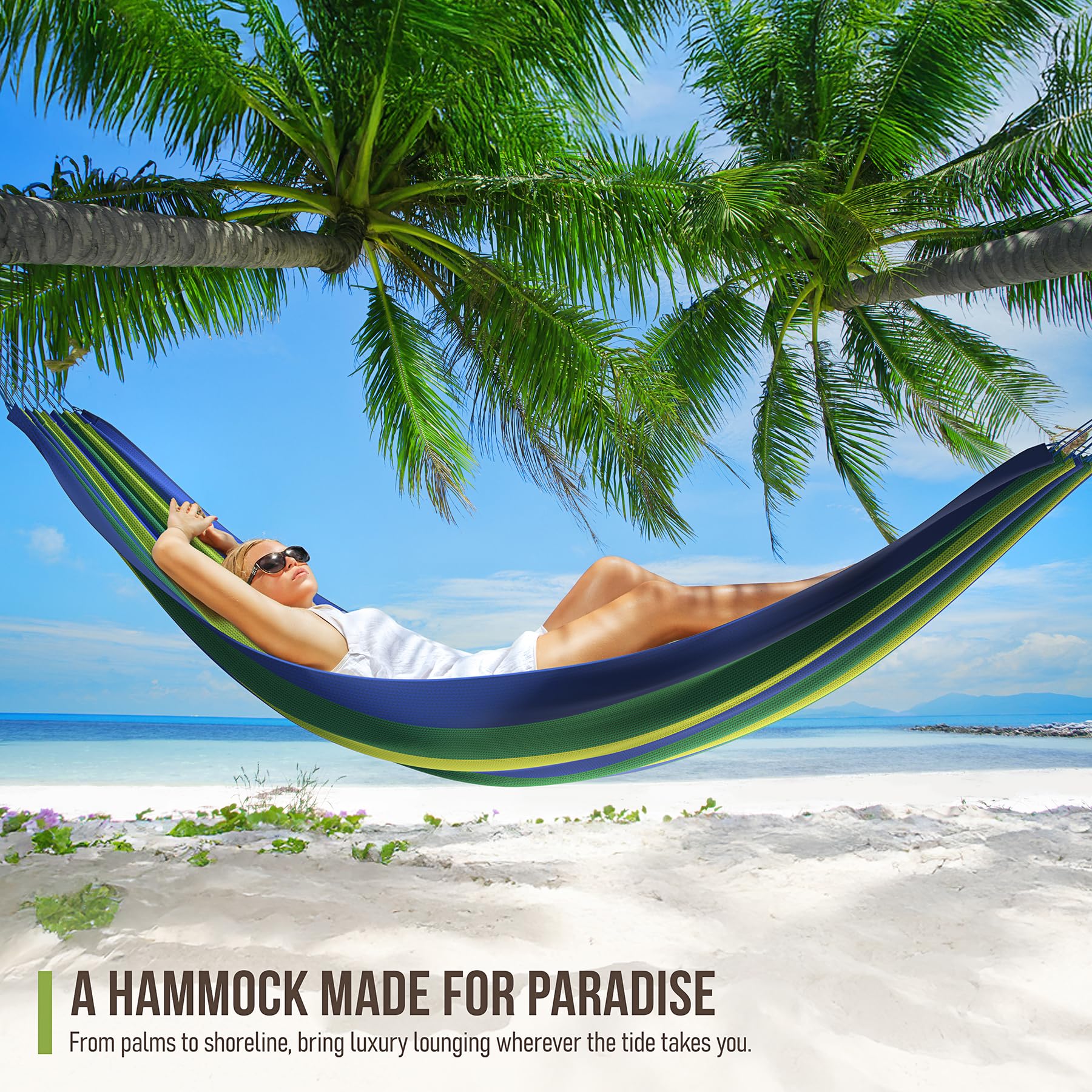 Sorbus Brazilian Double Hammock - Extra-Long 2 Person Portable Hammock Bed for Indoor or Outdoor Spaces - Hanging Rope, Carrying Pouch Included (Blue/Green Stripes) - Image 7