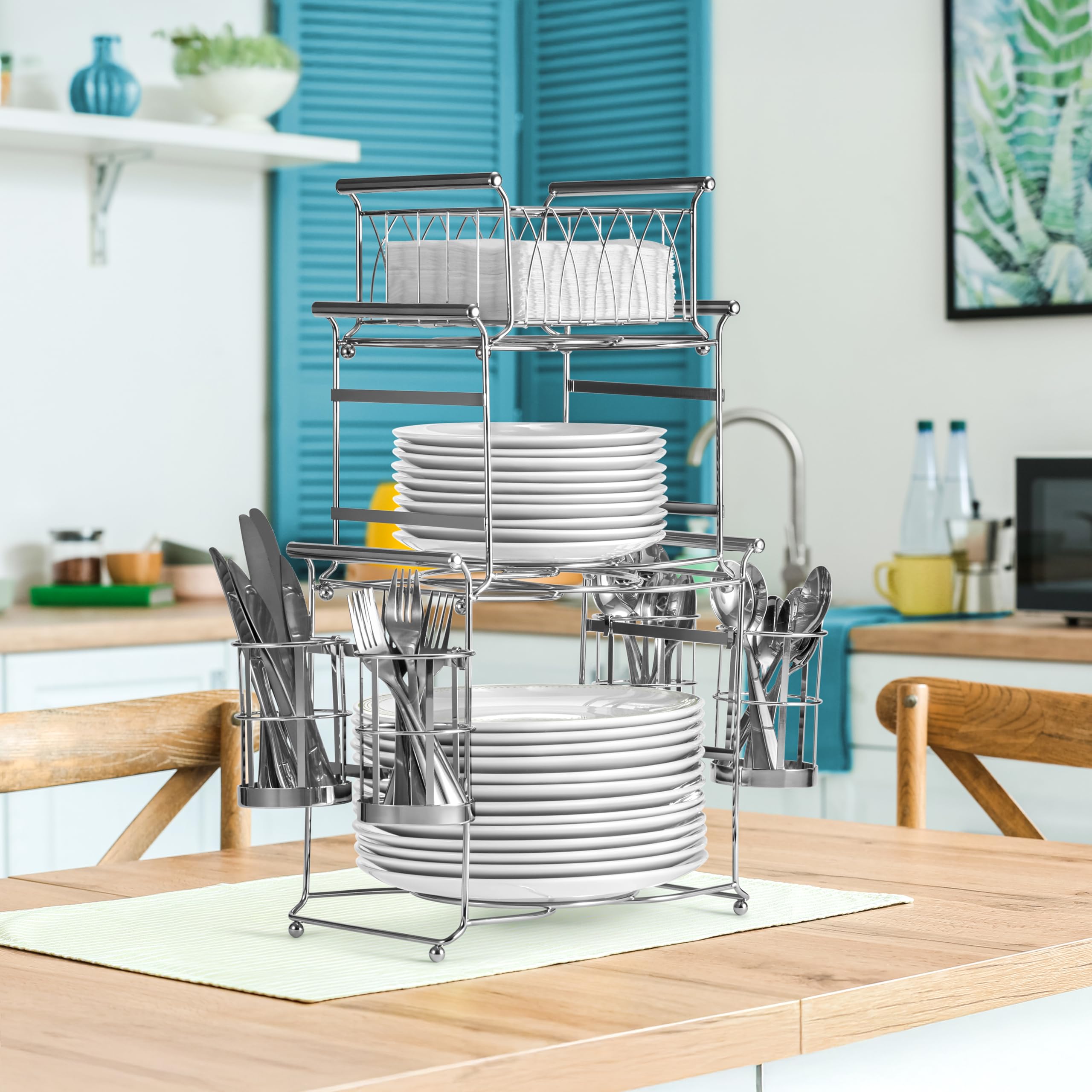 Sorbus Buffet Caddy — 7-Piece Stackable Set Includes Plate, Napkin, and Silverware Holder, 3-Tier Detachable Tabletop Organizer Ideal for Kitchen, Dining, Entertaining, Parties, Thanksgiving (Silver) - Image 4