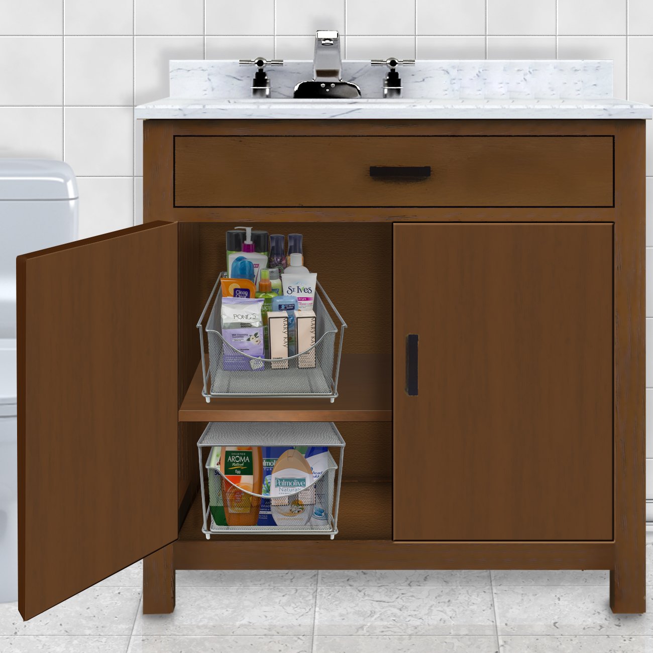 Sorbus® Cabinet Organizer Drawer with Cover—Mesh Storage Organizer w/Pull Out Drawers—Stackable, Ideal for Countertop, Cabinet, Pantry, Under the Sink, Desktop and More (Silver Bottom Drawer) - Image 5