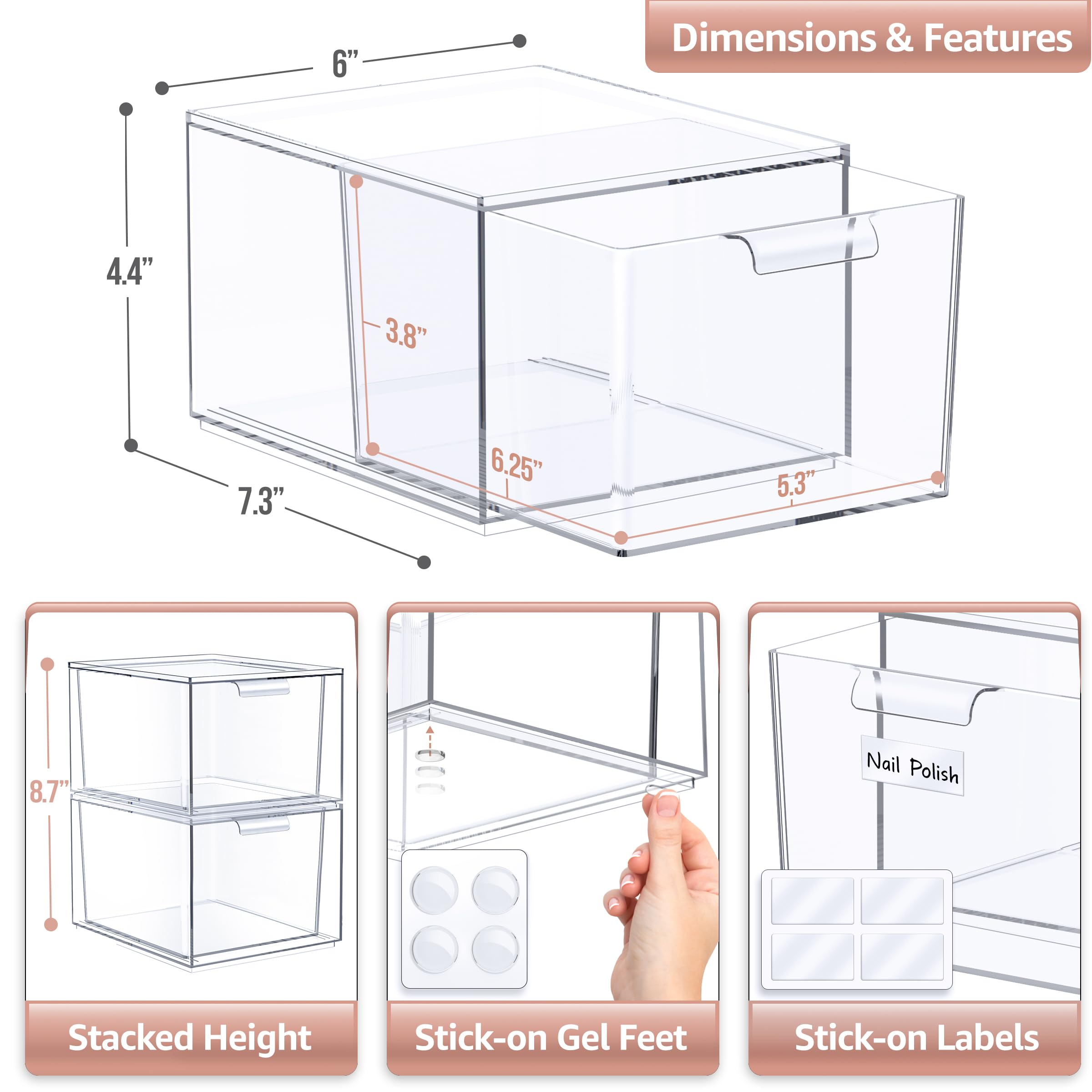 Sorbus Clear Stackable Storage Drawers - 1 Pack Acrylic Drawer Organizer for Vanity, Bathroom Makeup Organizer, Kitchen Cabinets, Undersink - Plastic Storage Bins for Home Organization and Storage - Image 3