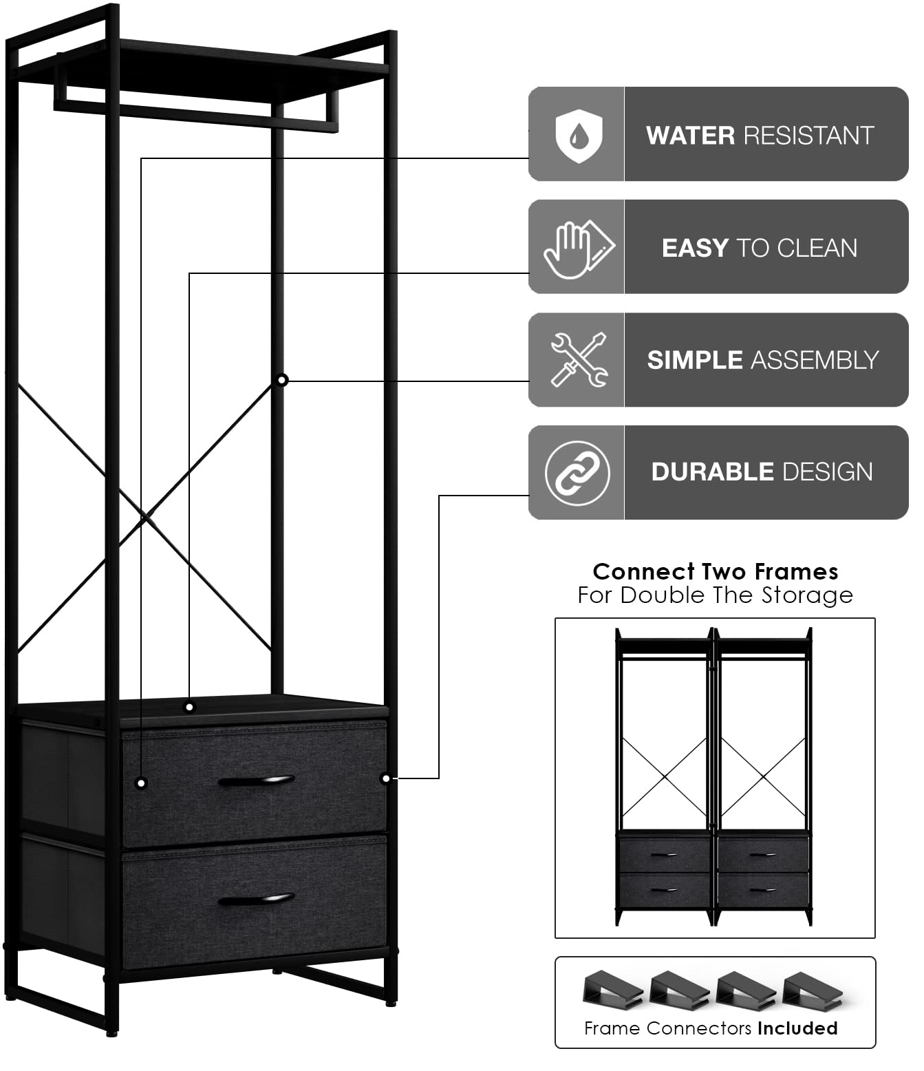 Sorbus Clothing Rack with Drawers - Clothes Stand Dresser - Wood Top, Steel Frame, & Fabric Drawers - Tall Closet Storage Organizer - Garment Rack for Hanging Shirts, Dresses, & Jackets - Image 6
