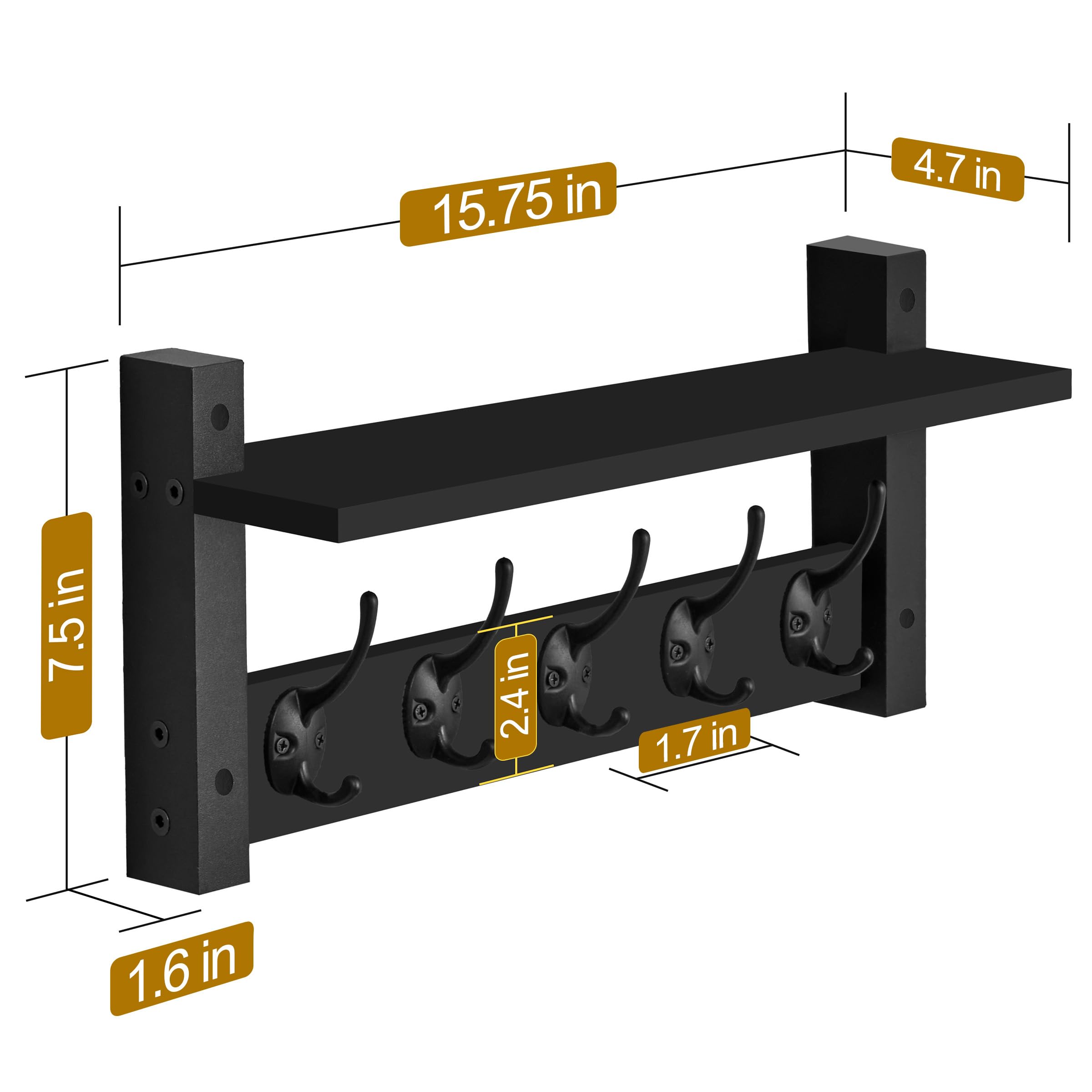 Sorbus Coat Hooks Wall Mount with Shelf – 16 Inch Coat Rack Wall Mount with 5 Heavy Duty Hooks – Floating Wall Shelf with Hooks for Entryway, Bathroom, Bedroom, Kitchen, or Mudroom (Black) - Image 3