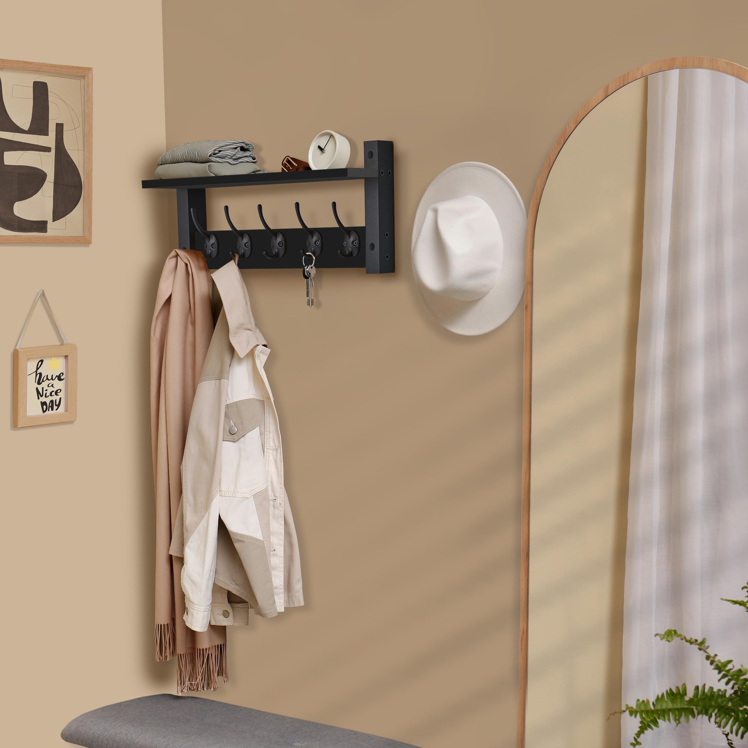 Sorbus Coat Hooks Wall Mount with Shelf – 16 Inch Coat Rack Wall Mount with 5 Heavy Duty Hooks – Floating Wall Shelf with Hooks for Entryway, Bathroom, Bedroom, Kitchen, or Mudroom (Black) - Image 4