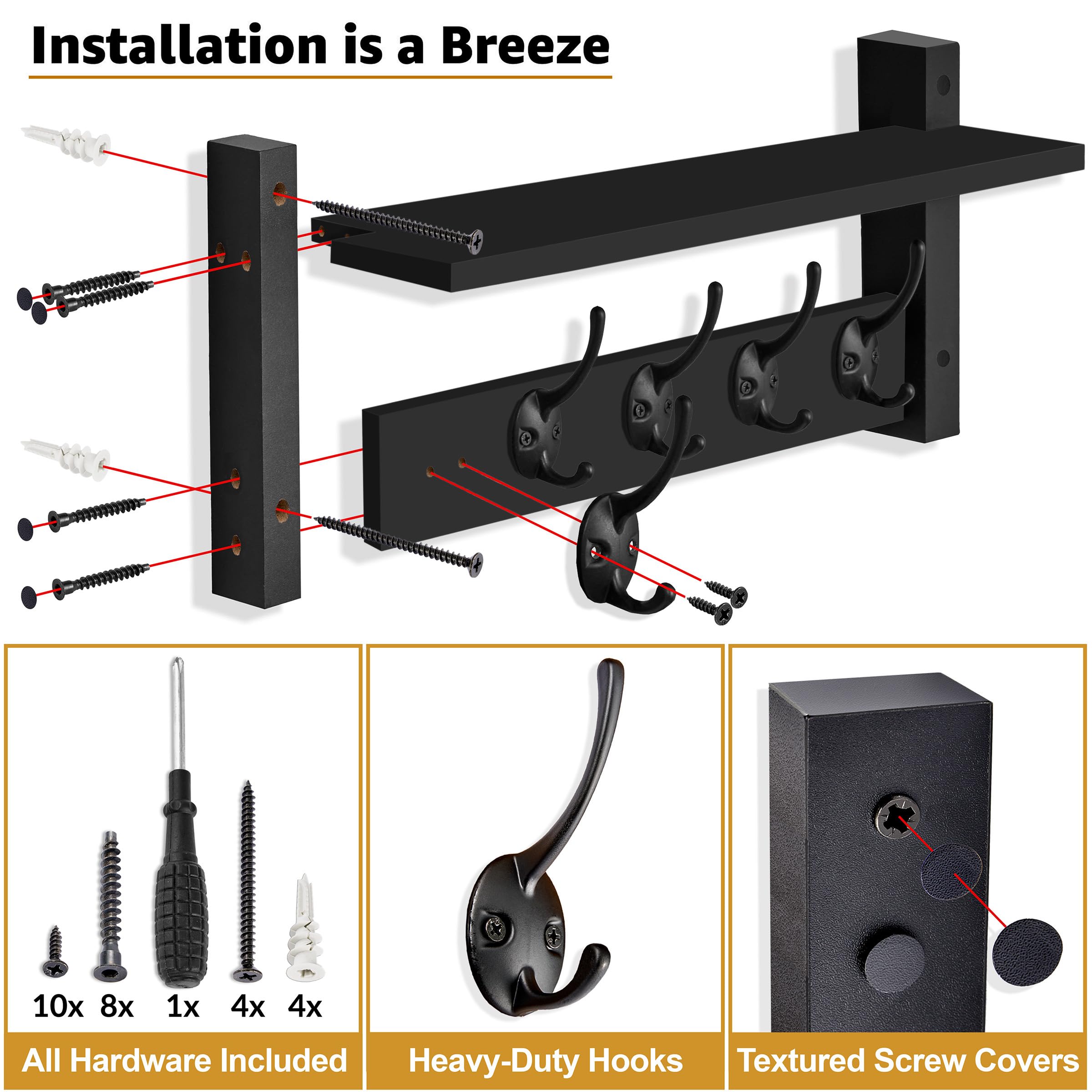 Sorbus Coat Hooks Wall Mount with Shelf – 16 Inch Coat Rack Wall Mount with 5 Heavy Duty Hooks – Floating Wall Shelf with Hooks for Entryway, Bathroom, Bedroom, Kitchen, or Mudroom (Black) - Image 5