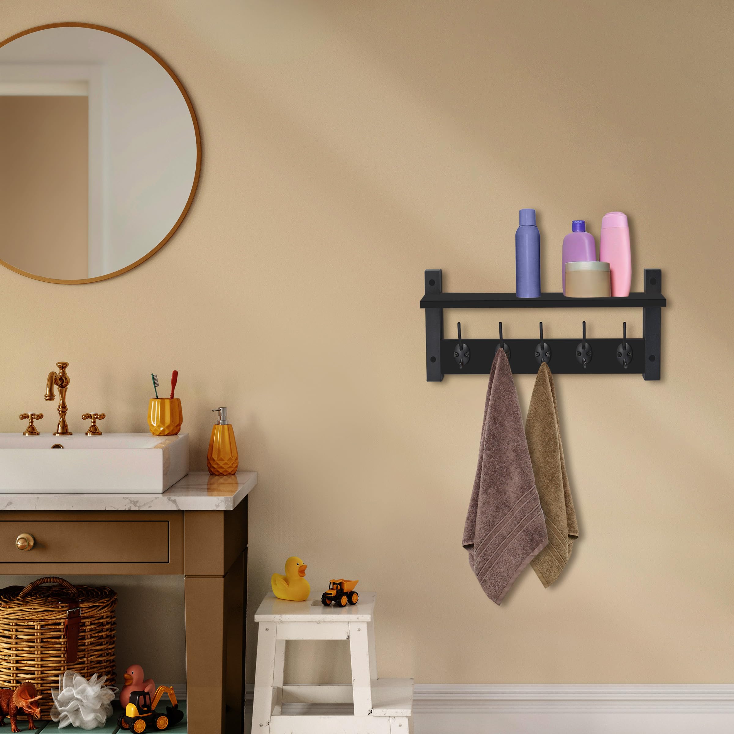 Sorbus Coat Hooks Wall Mount with Shelf – 16 Inch Coat Rack Wall Mount with 5 Heavy Duty Hooks – Floating Wall Shelf with Hooks for Entryway, Bathroom, Bedroom, Kitchen, or Mudroom (Black) - Image 7