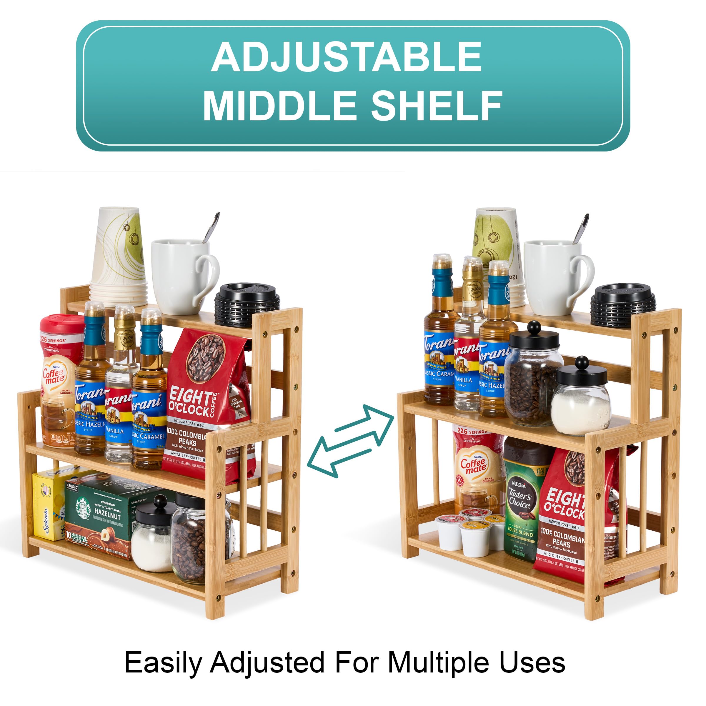 Sorbus Coffee Bar Organizer - Bamboo Wooden Storage Shelf for Kitchen Countertop - Coffee Station Accessories Rack for Mugs, Cream, Syrup, Cups, Spices, Kitchen Condiments (3-Tier) - Image 5