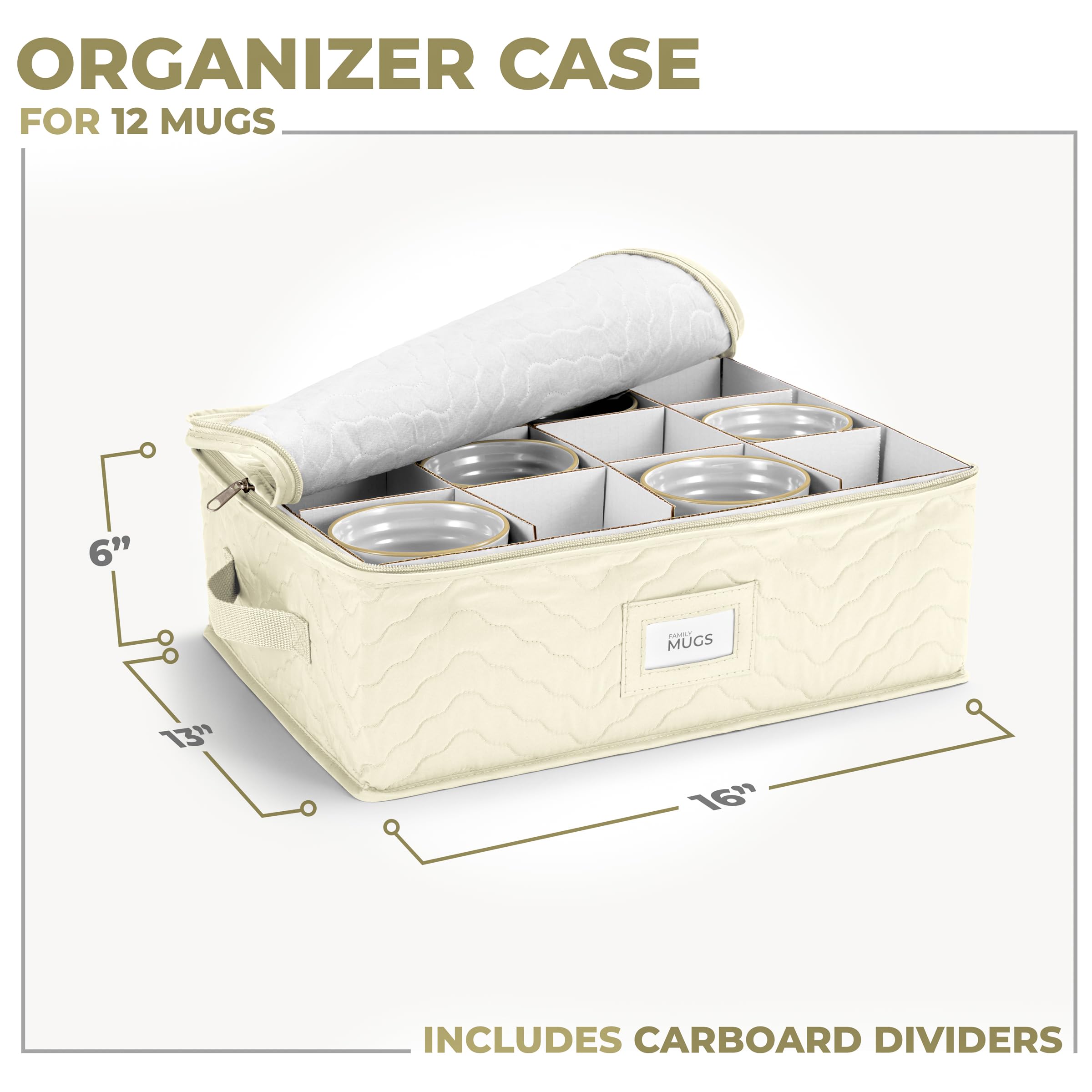 Sorbus Coffee Mug Organizer - Display Storage Case with Quilted Exterior, Label Windows, Handles & Dividers (Fits 12 Mugs) - Image 2