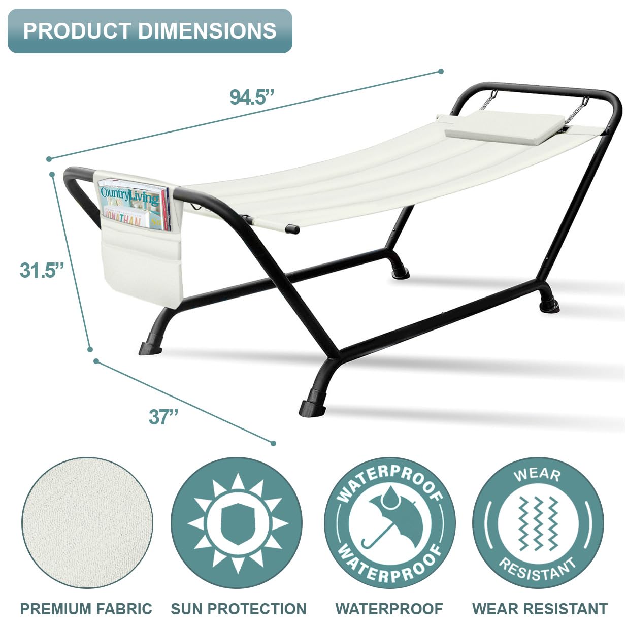 Sorbus Cozy Hammock Bed- Patio Hammock with Stand w/Pillow and Storage Pockets- Heavy Duty 500lbs Support- Durable Outdoor Hammock- For Patio, Garden, Backyard, Poolside- Weather Resistant Outdoor Bed - Image 3