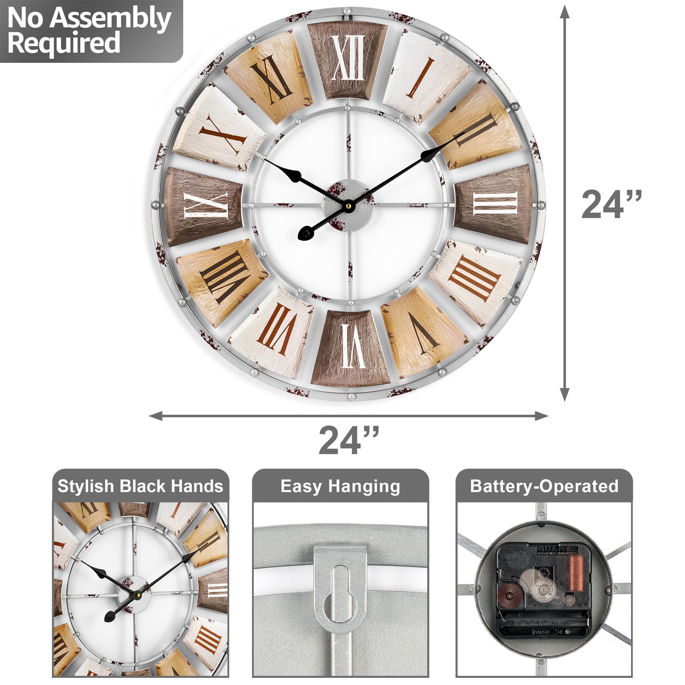 Sorbus Decorative Large 24-Inch Wall Clock for Living Room, Vintage Industrial Modern Rustic Farmhouse Style, Oversized Roman Numeral Clock, Modern Wall Clock, Ideal Room Décor - Image 4