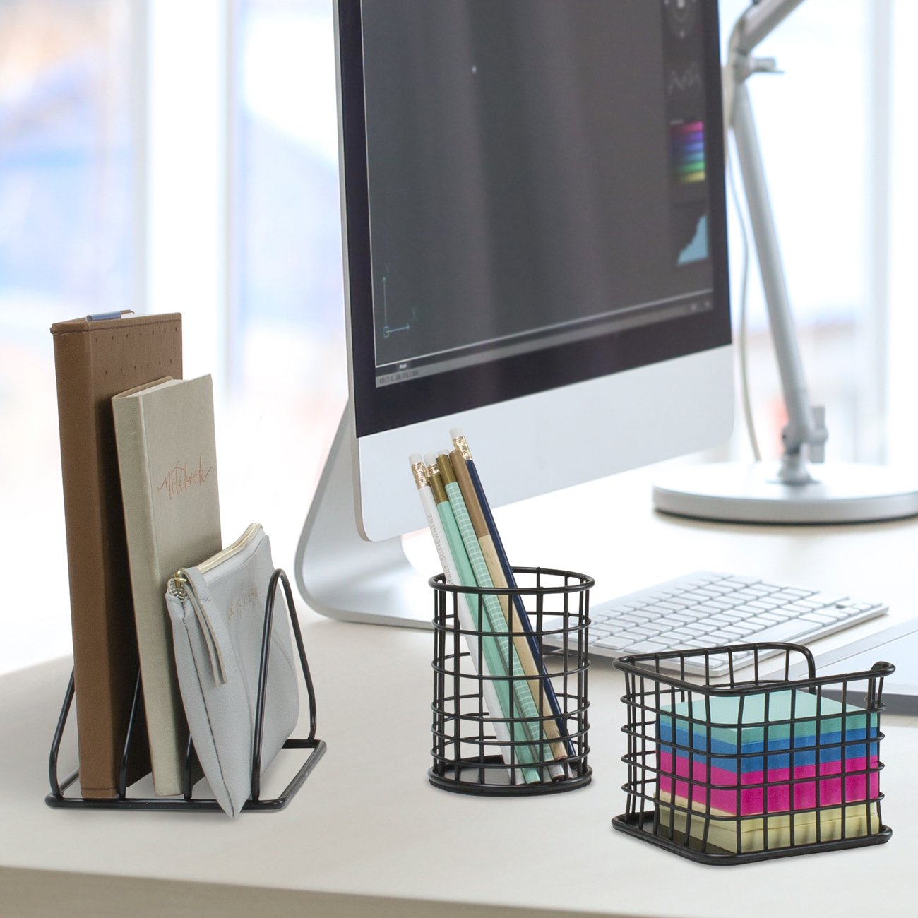 Sorbus Desk Organizer Set, 5-Piece Desk Accessories Set Includes Pencil Cup Holder, Letter Sorter, Letter Tray, Hanging File Organizer, and Sticky Note holder for Home or Office (Black) - Image 4