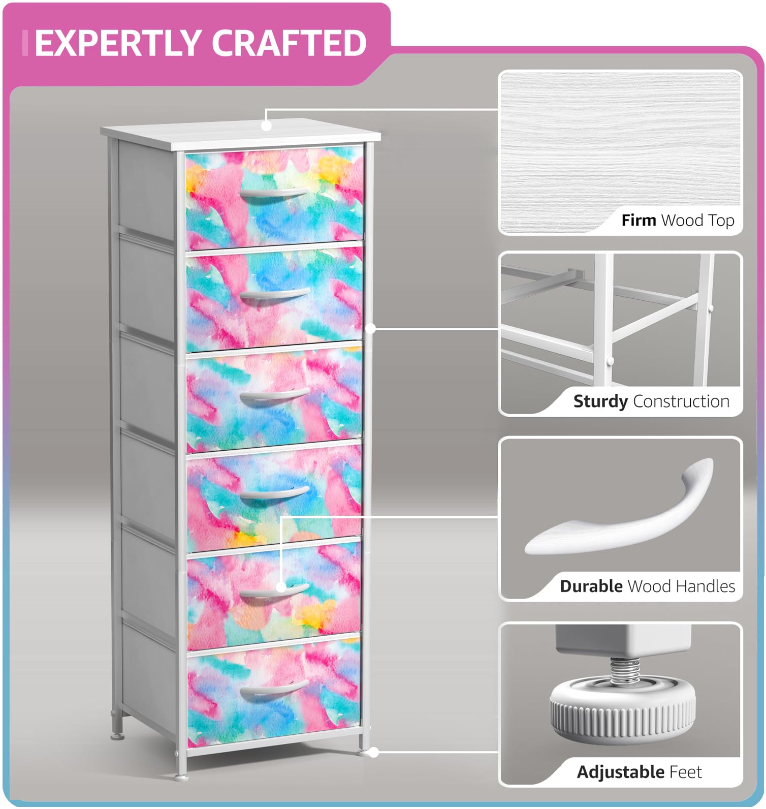 Sorbus Dresser Storage Tower, Organizer Drawers for Closet Boys & Girls Bedroom, Bedside Furniture, Chest for Home, College Dorm, Steel Frame, Wood Top, Tie-dye Fabric Bins (4-Drawer, Pastel Tie-dye) - Image 4