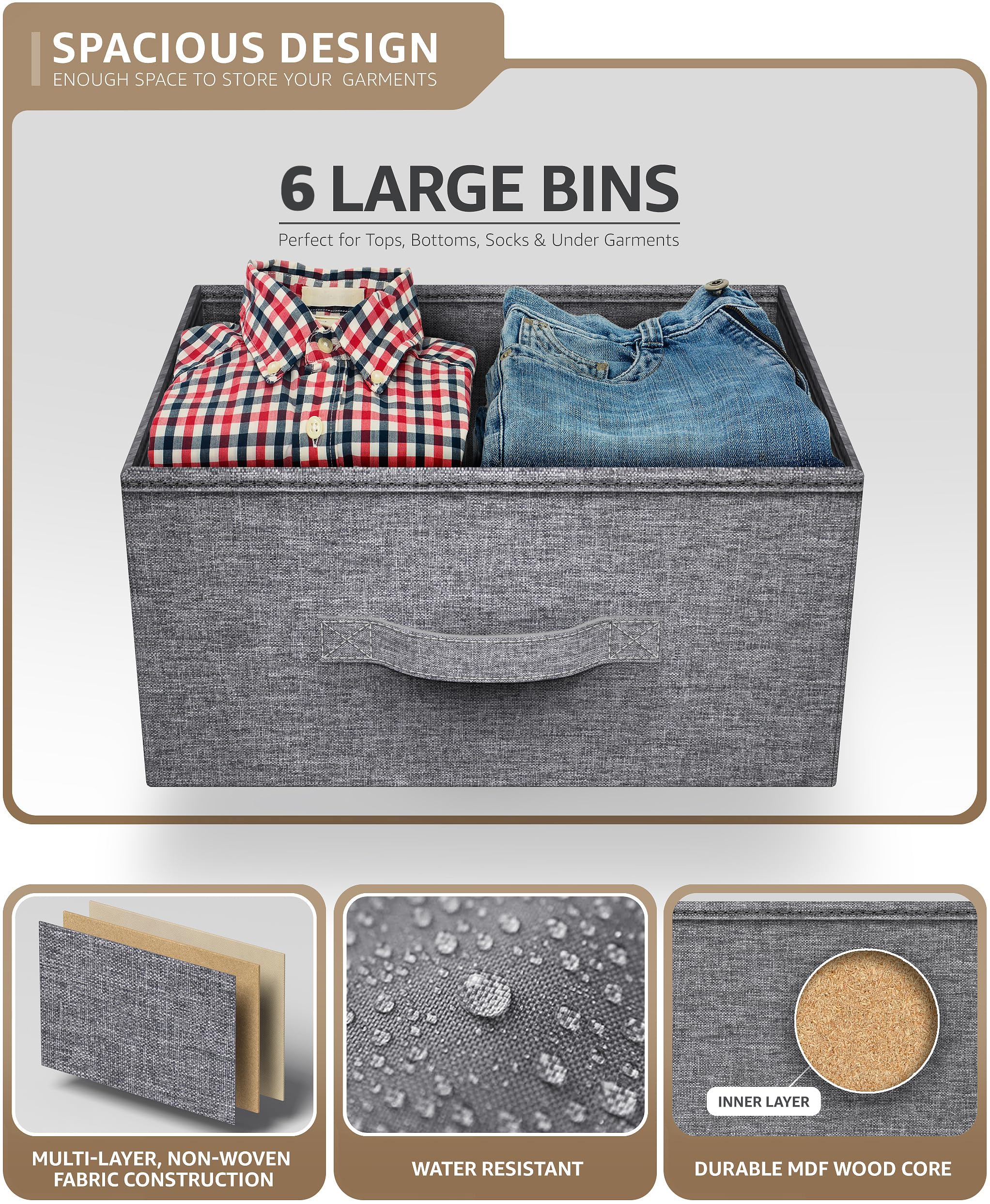 Sorbus Dresser with 6 Drawers - Chest Organizer Unit with Steel Frame Wood Top & Handle Easy Pull Fabric Bins for Clothes - Storage Furniture for Bedroom, Hallway, Living Room, Nursery & Closet - Image 5