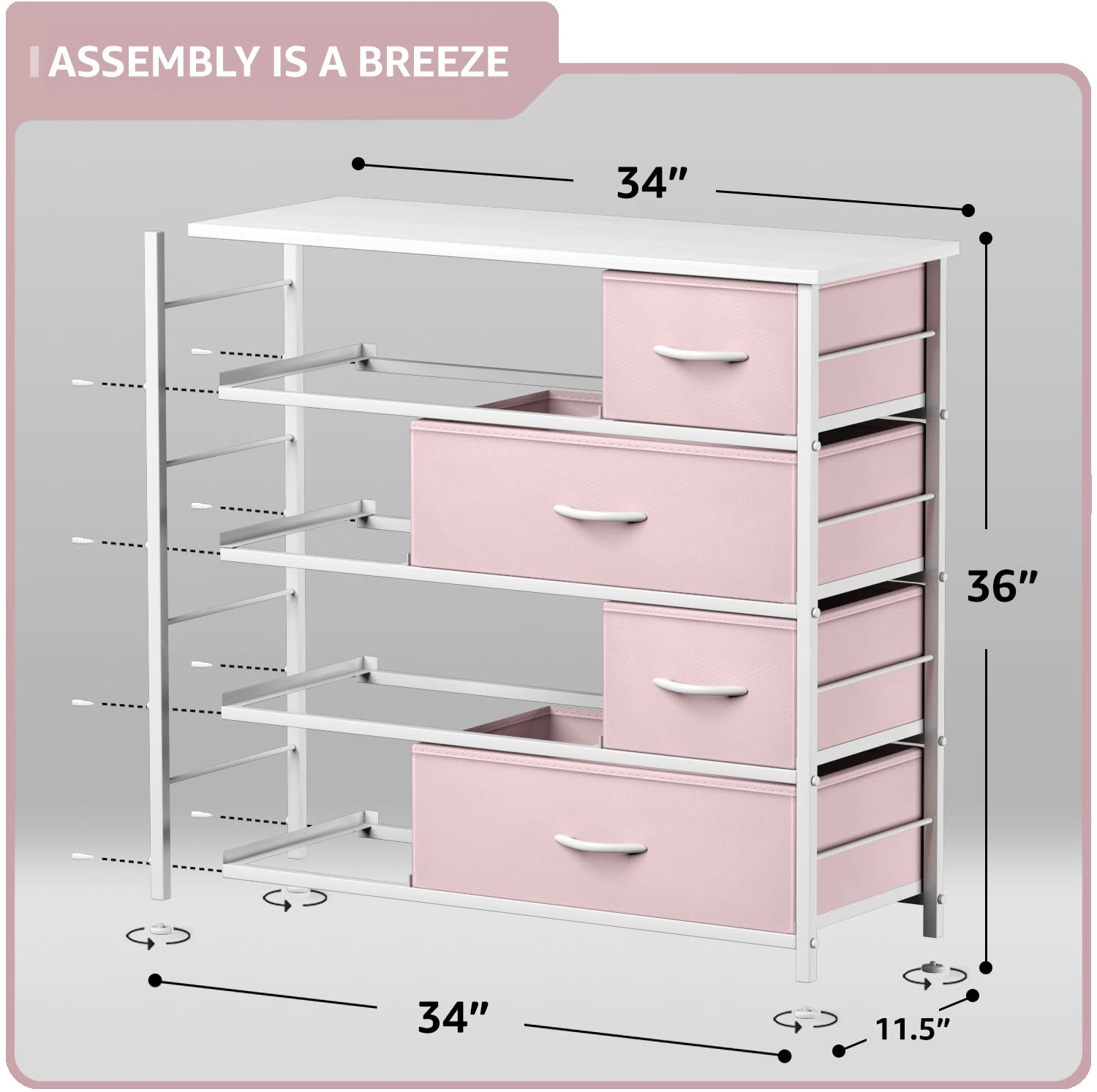 Sorbus Dresser with 8 Drawers - Furniture Storage Chest for Kid’s, Teens, Bedroom, Nursery, Playroom, Clothes, Toys - Steel Frame, Wood Top, Fabric Bins (Pink) - Image 3