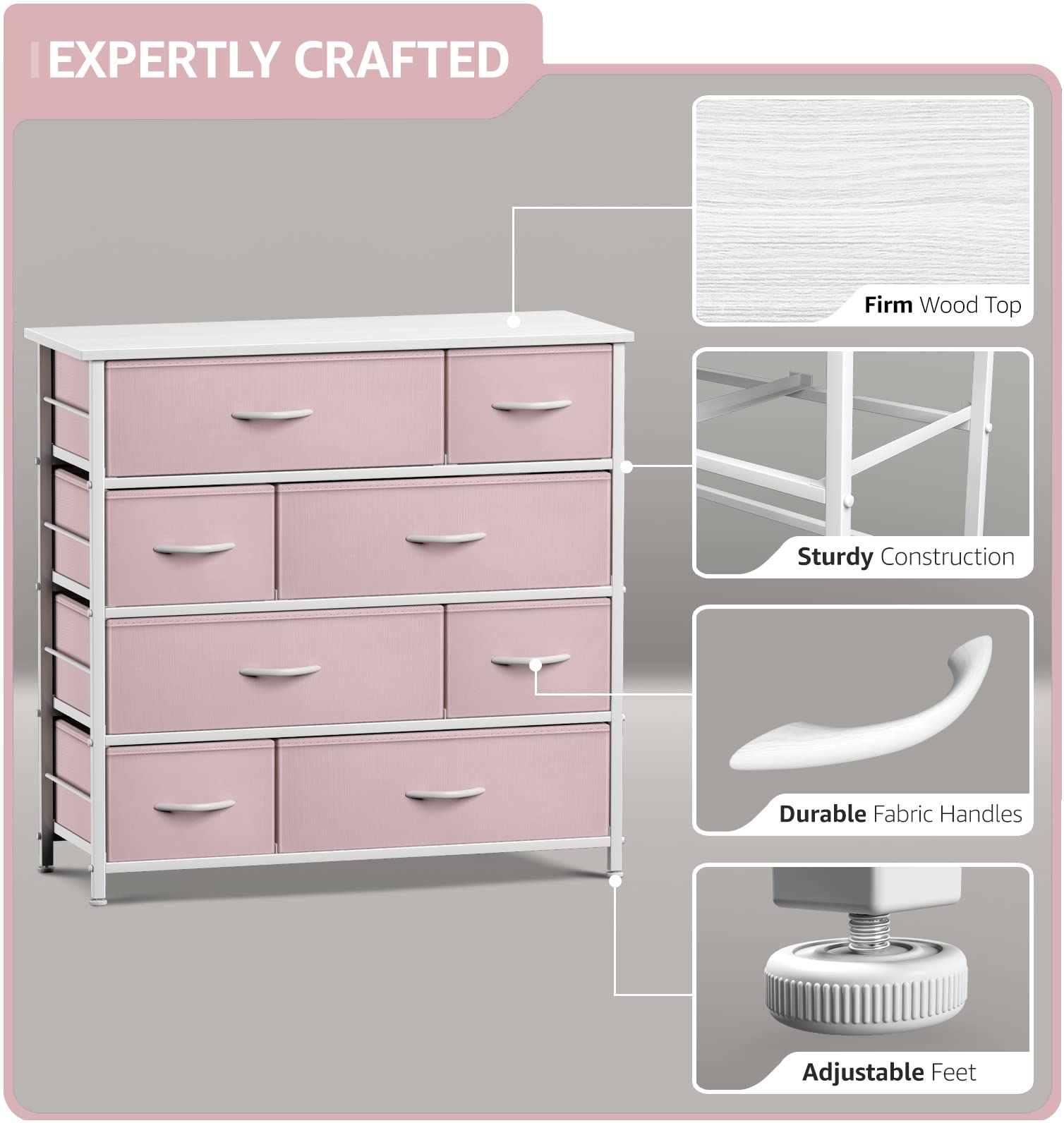 Sorbus Dresser with 8 Drawers - Furniture Storage Chest for Kid’s, Teens, Bedroom, Nursery, Playroom, Clothes, Toys - Steel Frame, Wood Top, Fabric Bins (Pink) - Image 4