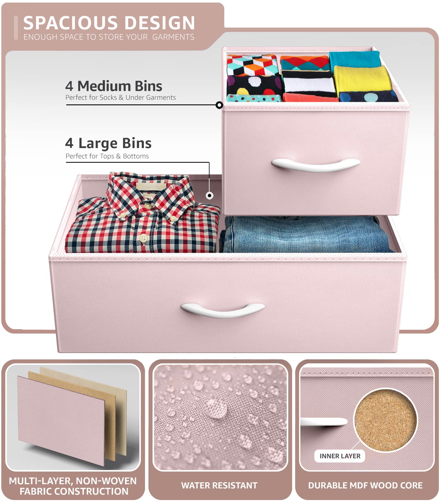 Sorbus Dresser with 8 Drawers - Furniture Storage Chest for Kid’s, Teens, Bedroom, Nursery, Playroom, Clothes, Toys - Steel Frame, Wood Top, Fabric Bins (Pink) - Image 5