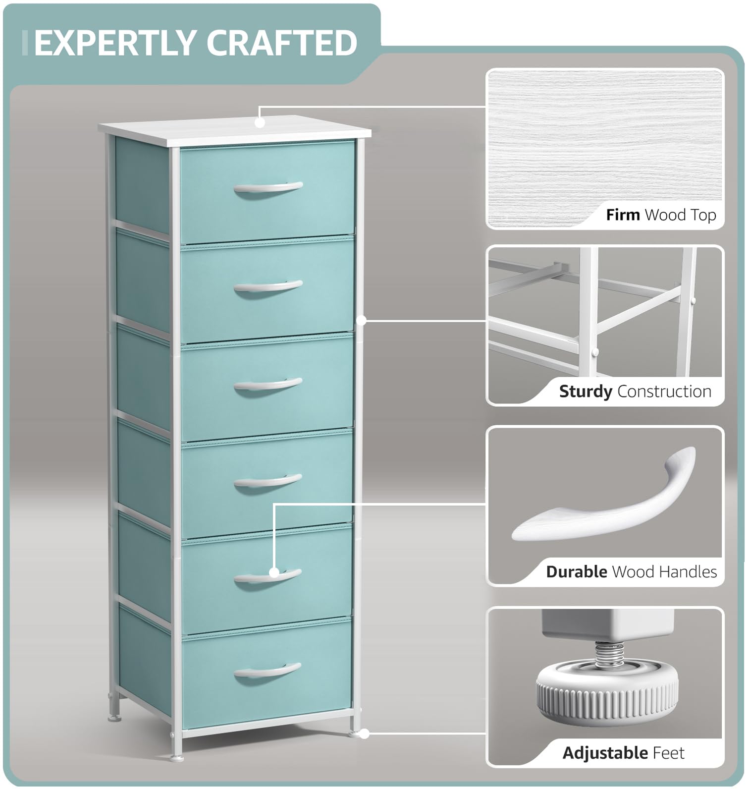 Sorbus Fabric Dresser for Kids Bedroom - Chest of 6 Drawers, Tall Storage Tower, Clothing Organizer, for Closet, for Playroom, for Nursery, Steel Frame, Fabric Bins - Wood Handle (Aqua) - Image 4