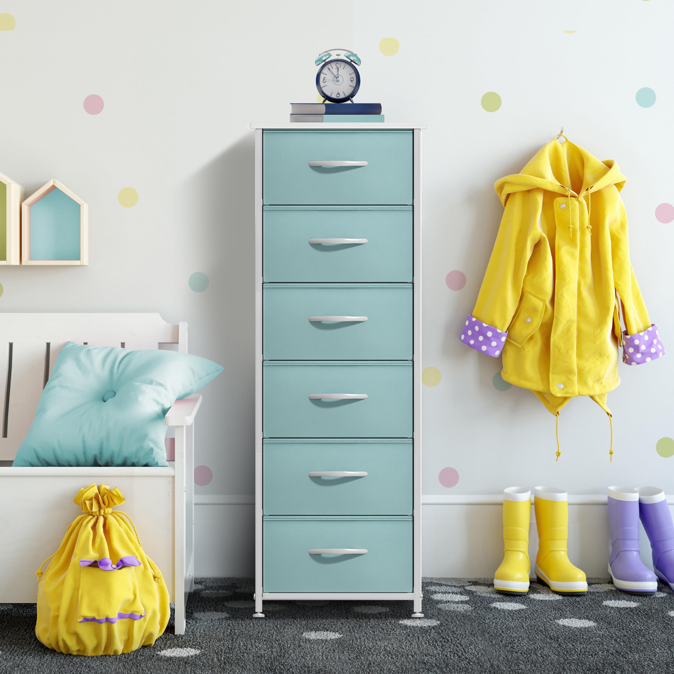 Sorbus Fabric Dresser for Kids Bedroom - Chest of 6 Drawers, Tall Storage Tower, Clothing Organizer, for Closet, for Playroom, for Nursery, Steel Frame, Fabric Bins - Wood Handle (Aqua) - Image 6