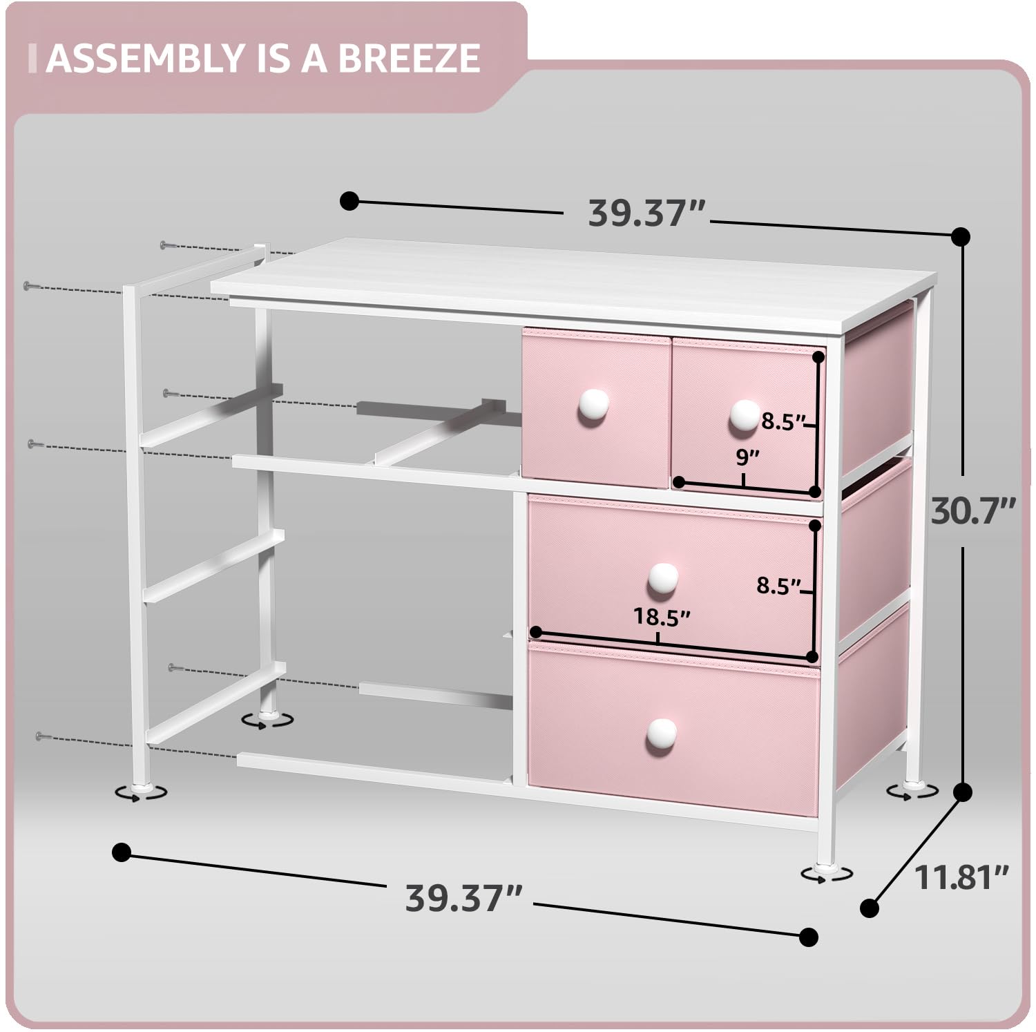Sorbus Fabric Dresser for Kids Bedroom - Chest of 8 Drawers, Storage Tower, Clothing Organizer, for Closet, for Playroom, for Nursery, Steel Frame, Fabric Bins - Knob Handle (Pastel Pink) - Image 3