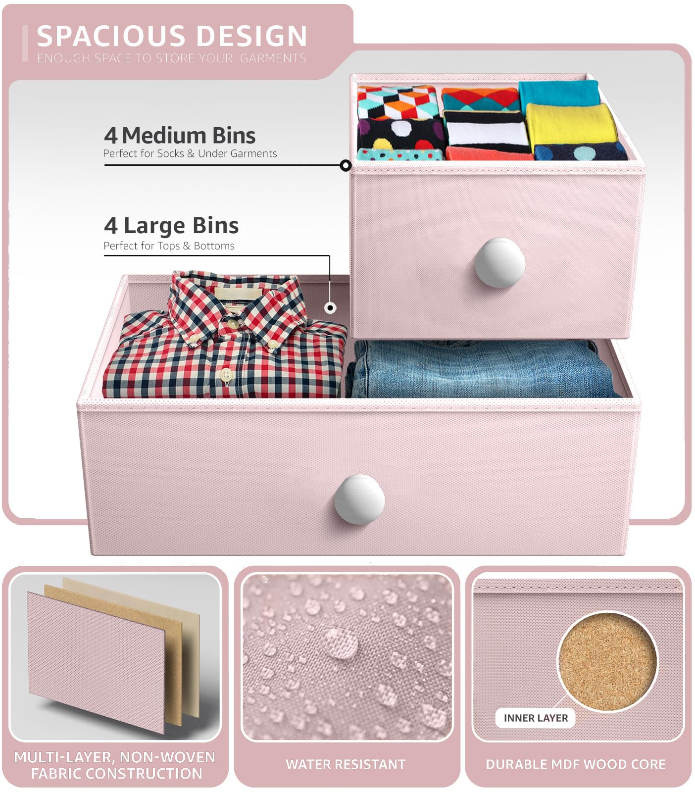 Sorbus Fabric Dresser for Kids Bedroom - Chest of 8 Drawers, Storage Tower, Clothing Organizer, for Closet, for Playroom, for Nursery, Steel Frame, Fabric Bins - Knob Handle (Pastel Pink) - Image 5