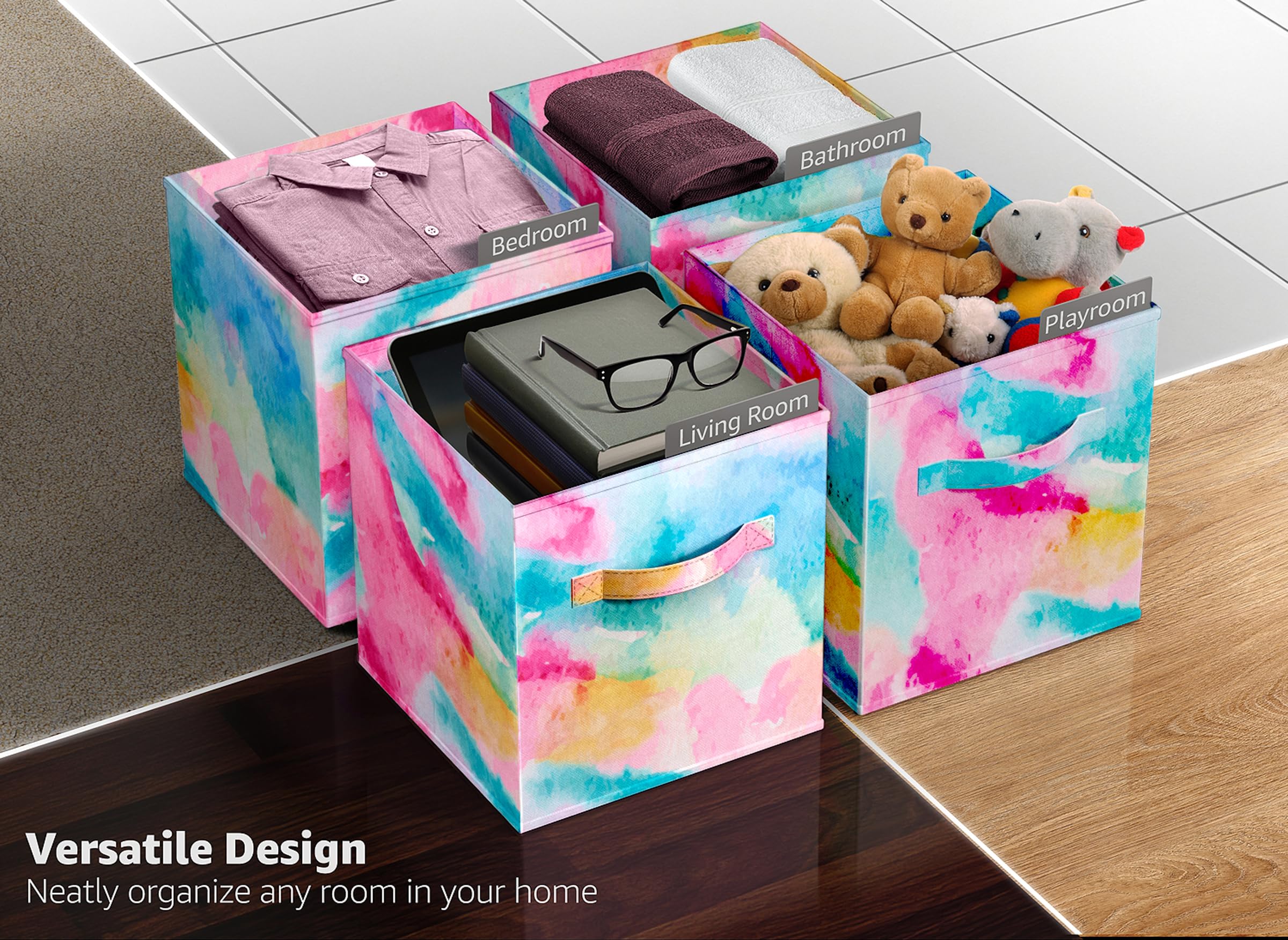 Sorbus Fabric Storage Cubes - 6 Foldable Tie Dye Storage Bins for Organizing Cubbies, Toy Box - Clothes Storage & Closet Organizer - 11 Inch Collapsible Cube Baskets for Shelves with Handle (Tie Dye) - Image 6