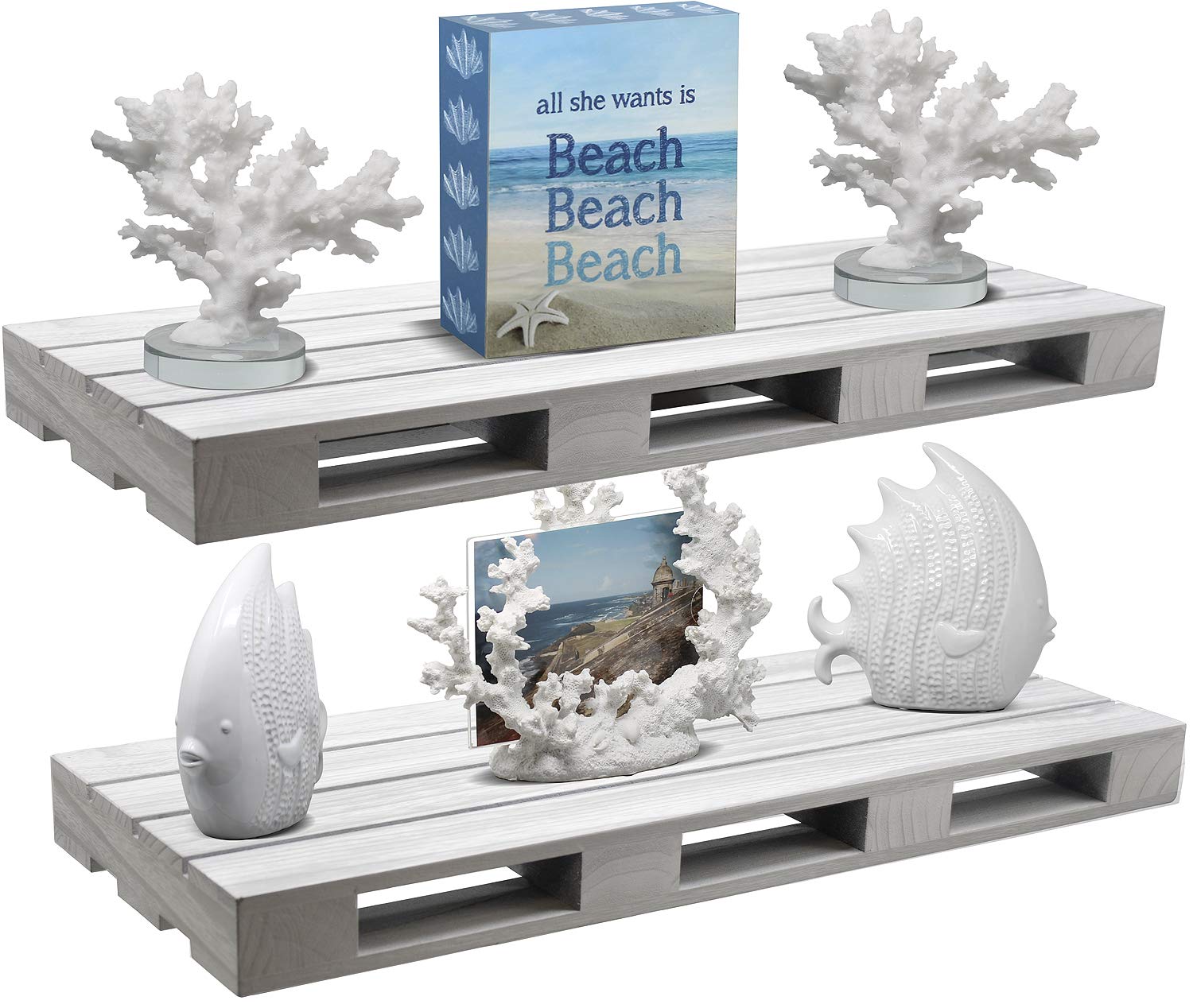Sorbus Floating Pallet Shelves - Set of 2 - Rustic Farmhouse Wall Mount Ledge Storage Shelf Organizer - for Home Décor, Living Room, Bathroom, Bedroom, Nursery, etc - 7" D x 17" W x 1.75" H - Grey - Image 4