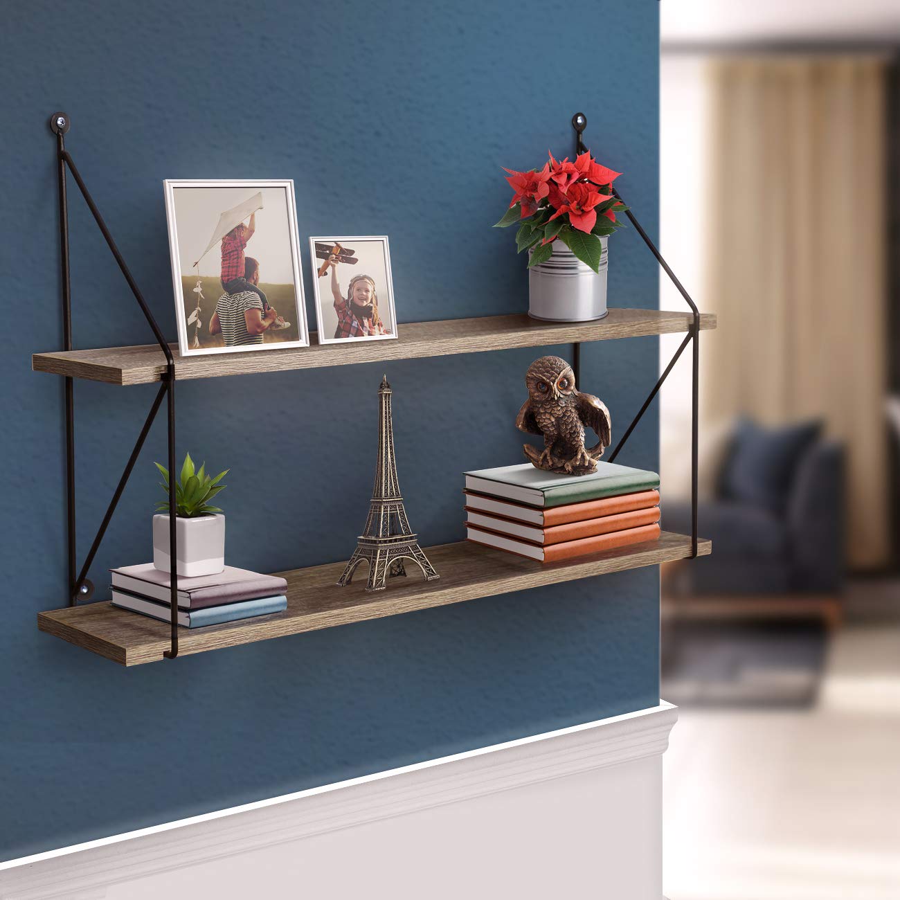 Sorbus® Floating Shelf with Metal Brackets — Wall Mounted Rustic Wood Wall Storage, Decorative Hanging Display for Trophy, Photo Frames, Collectibles, and Much More (2-Tier – Grey) - Image 2