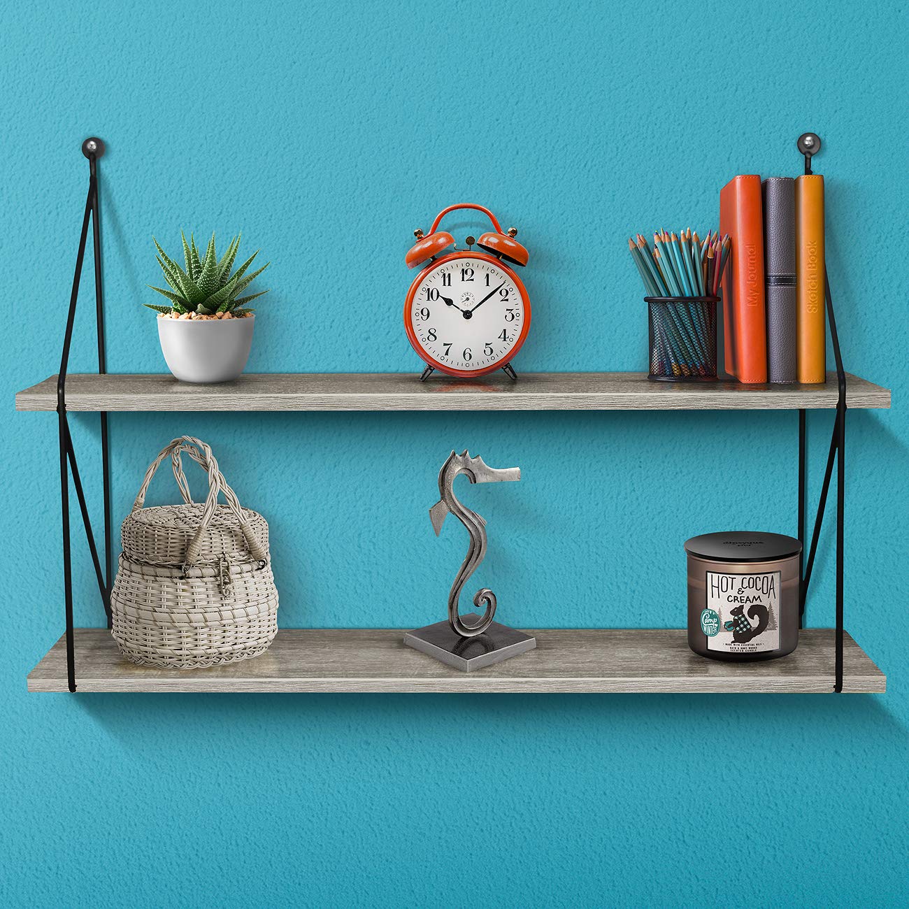 Sorbus® Floating Shelf with Metal Brackets — Wall Mounted Rustic Wood Wall Storage, Decorative Hanging Display for Trophy, Photo Frames, Collectibles, and Much More (2-Tier – Grey) - Image 6