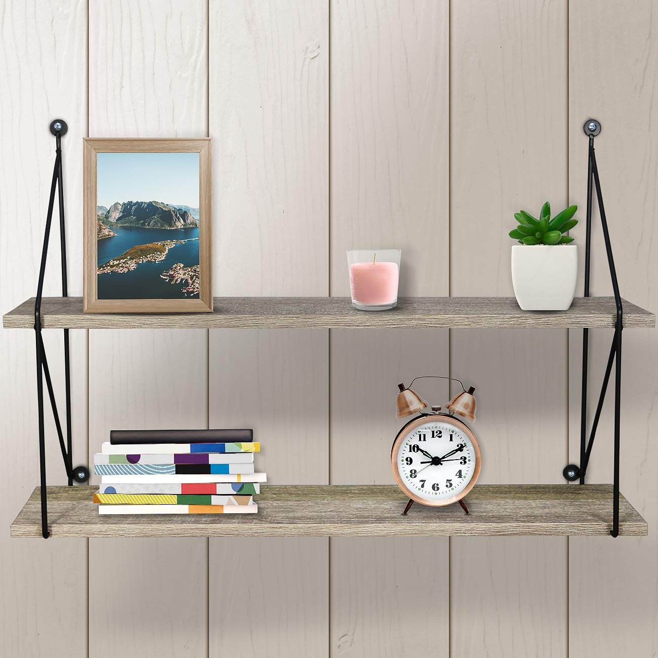 Sorbus® Floating Shelf with Metal Brackets — Wall Mounted Rustic Wood Wall Storage, Decorative Hanging Display for Trophy, Photo Frames, Collectibles, and Much More (2-Tier – Grey) - Image 7
