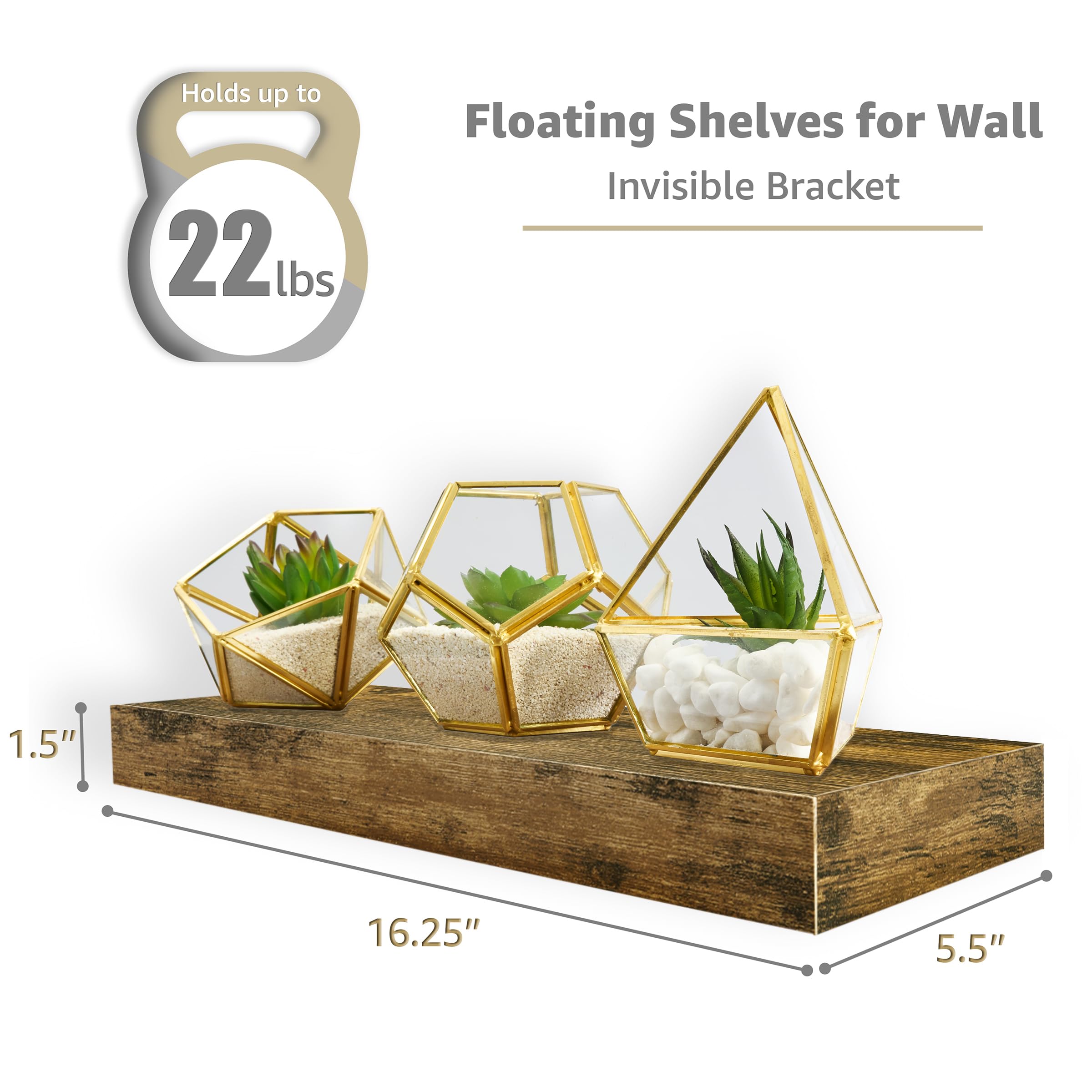 Sorbus Floating Shelves for Wall – 16 Inch Floating Shelf for Kitchen, Bedroom, Living Room, Bathroom, Home & Wall Decor - Mounted Bathroom Shelves with Invisible Brackets (Rustic Brown, 4 Pack) - Image 3