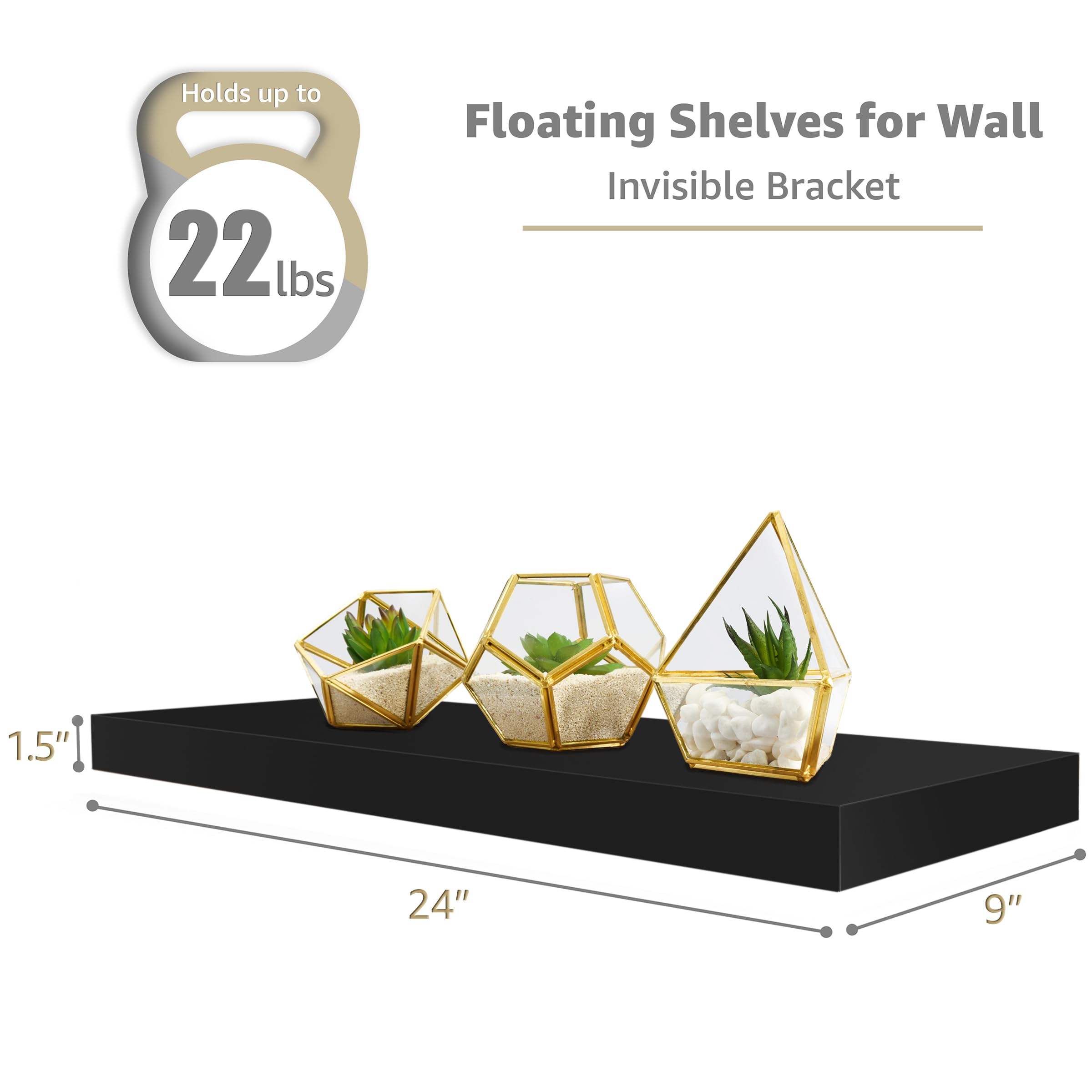 Sorbus Floating Shelves for Wall - 24" Bathroom Shelves, Wall Decor for Bedroom, Kitchen, Living Room, Home Decor & Book Storage - Mounted Floating Shelf with Invisible Brackets (Black, 2 Pack) - Image 3