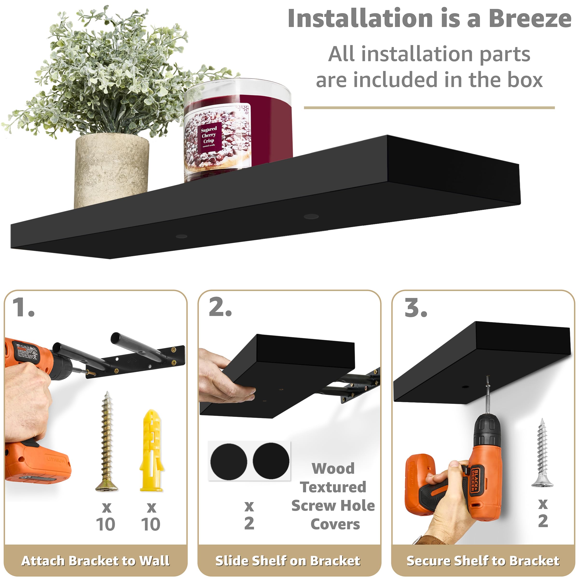 Sorbus Floating Shelves for Wall - 24" Bathroom Shelves, Wall Decor for Bedroom, Kitchen, Living Room, Home Decor & Book Storage - Mounted Floating Shelf with Invisible Brackets (Black, 2 Pack) - Image 4