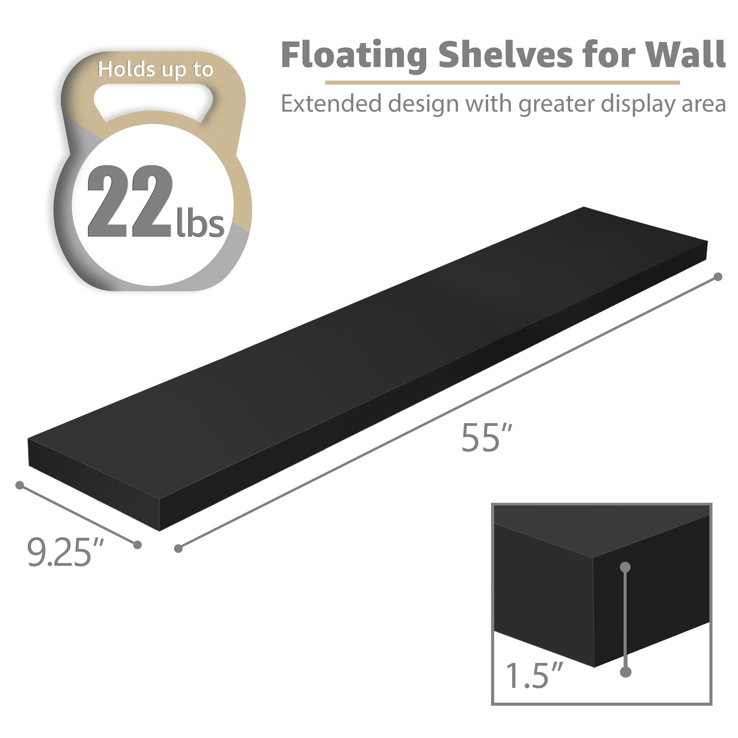 Sorbus Floating Shelves for Wall - 55 Inch Extra-Long Bathroom Shelves, Wall Decor for Bedroom, Kitchen, Living Room, Book Storage - Mounted Floating Shelf with Hidden Brackets (Black, 2 Pack) - Image 3