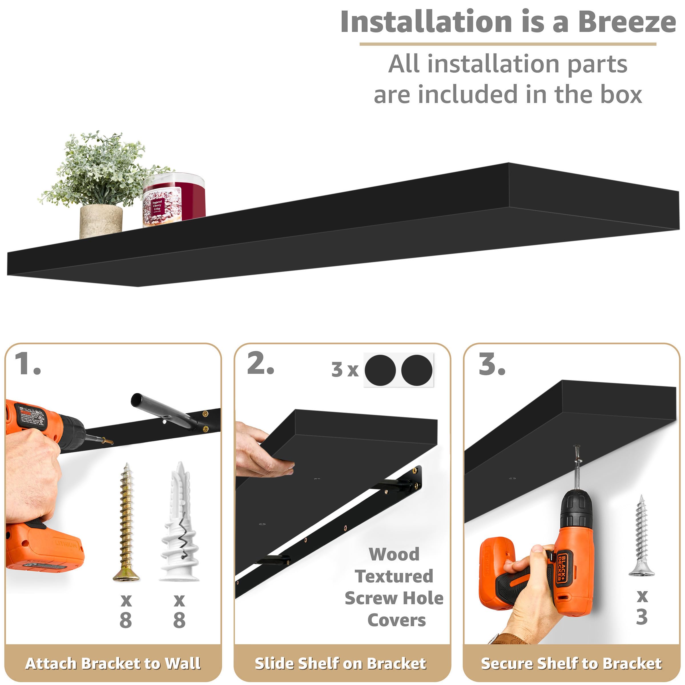 Sorbus Floating Shelves for Wall - 55 Inch Extra-Long Bathroom Shelves, Wall Decor for Bedroom, Kitchen, Living Room, Book Storage - Mounted Floating Shelf with Hidden Brackets (Black, 2 Pack) - Image 4