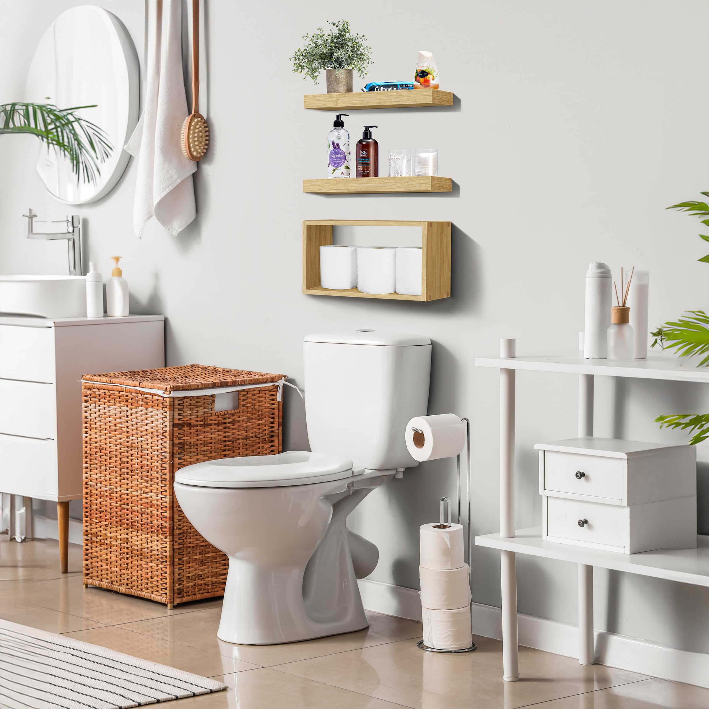 Sorbus Floating Shelves for Wall Set of 3 - Bathroom Shelves for Wall Storage, Over Toilet, Bedroom, Farmhouse, Decor - 2 Floating Shelves with Invisible Brackets & 1 Rectangular Box - Image 2