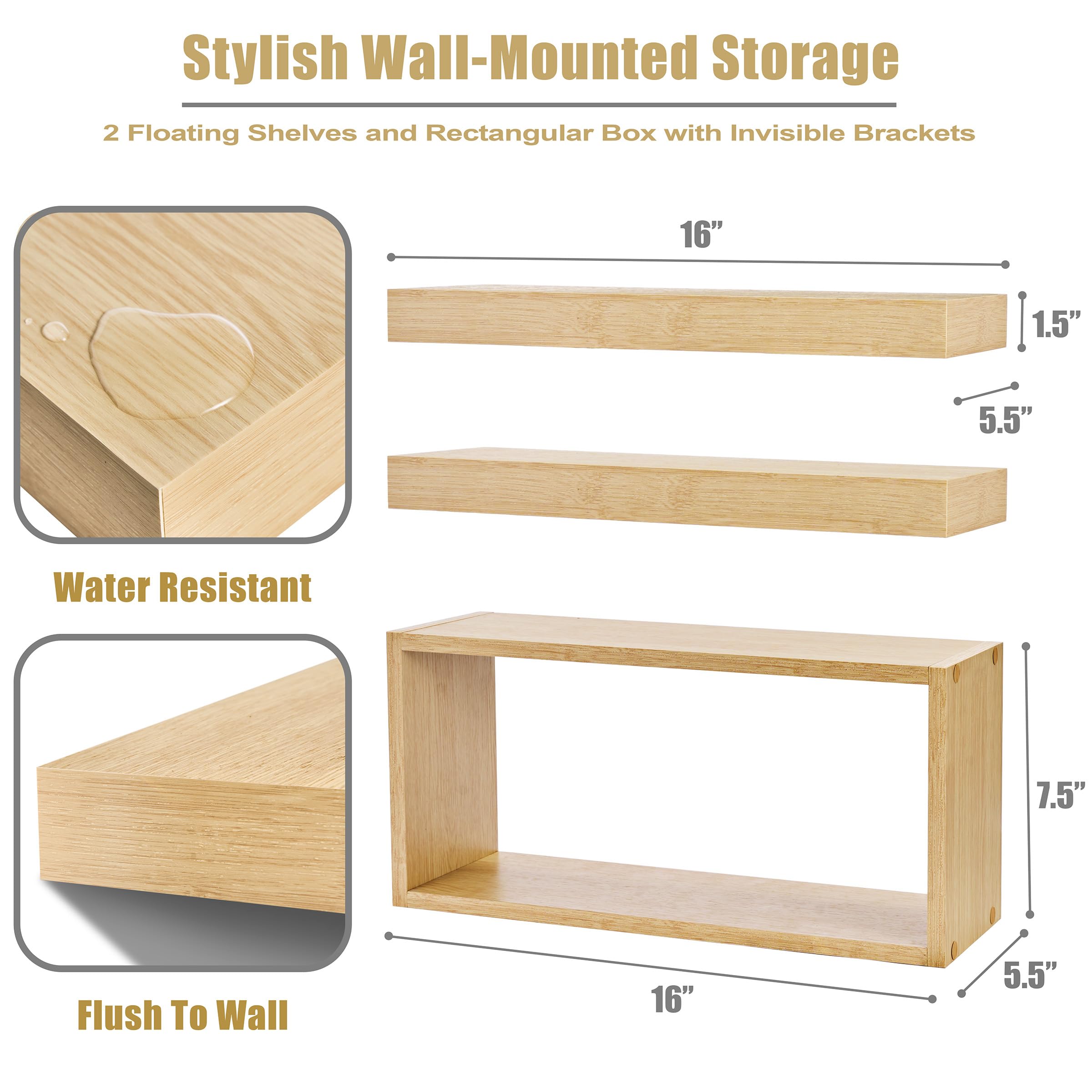 Sorbus Floating Shelves for Wall Set of 3 - Bathroom Shelves for Wall Storage, Over Toilet, Bedroom, Farmhouse, Decor - 2 Floating Shelves with Invisible Brackets & 1 Rectangular Box - Image 3