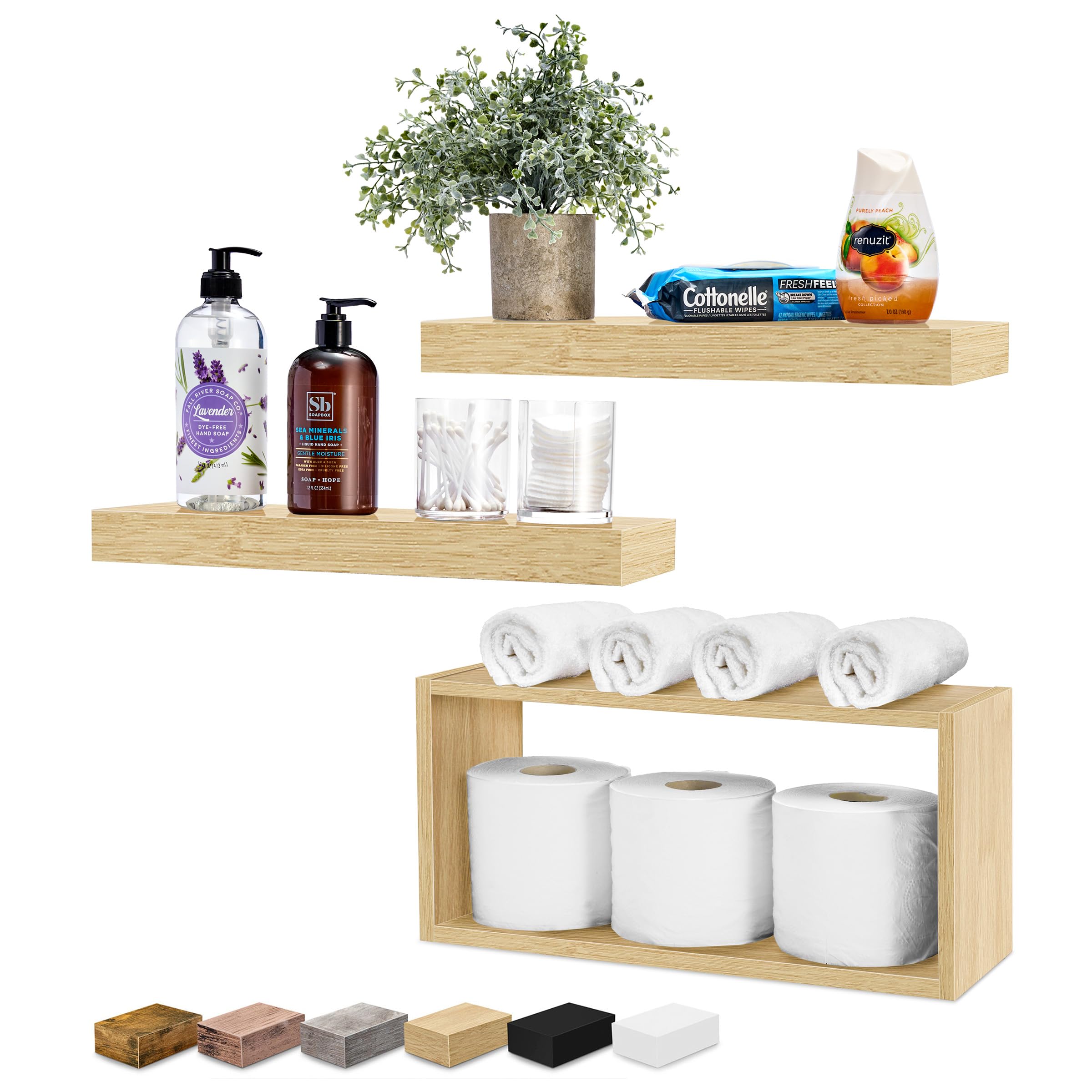 Sorbus Floating Shelves for Wall Set of 3 - Bathroom Shelves for Wall Storage, Over Toilet, Bedroom, Farmhouse, Decor - 2 Floating Shelves with Invisible Brackets & 1 Rectangular Box - Image 6