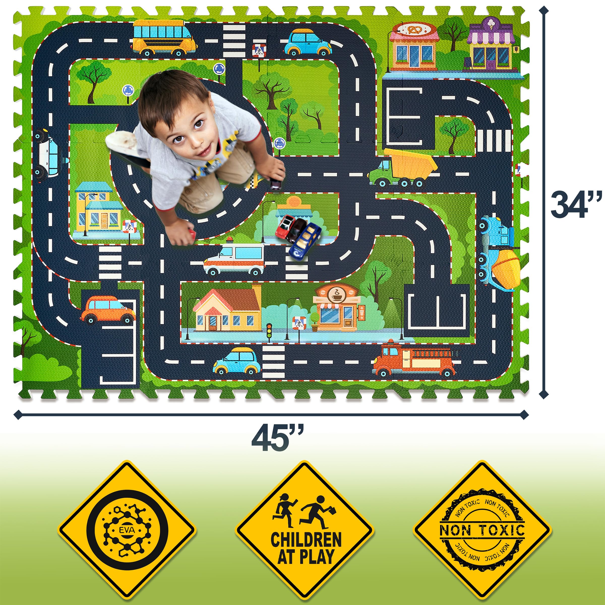 Sorbus Foam Playmat for Kids - Traffic Play Mat for Babies - Interlocking Floor Mats City Road Design - Track Play Rug for Children - Educational Playmat Rug Squares for Toy Cars & Trucks (12 Tiles) - Image 2