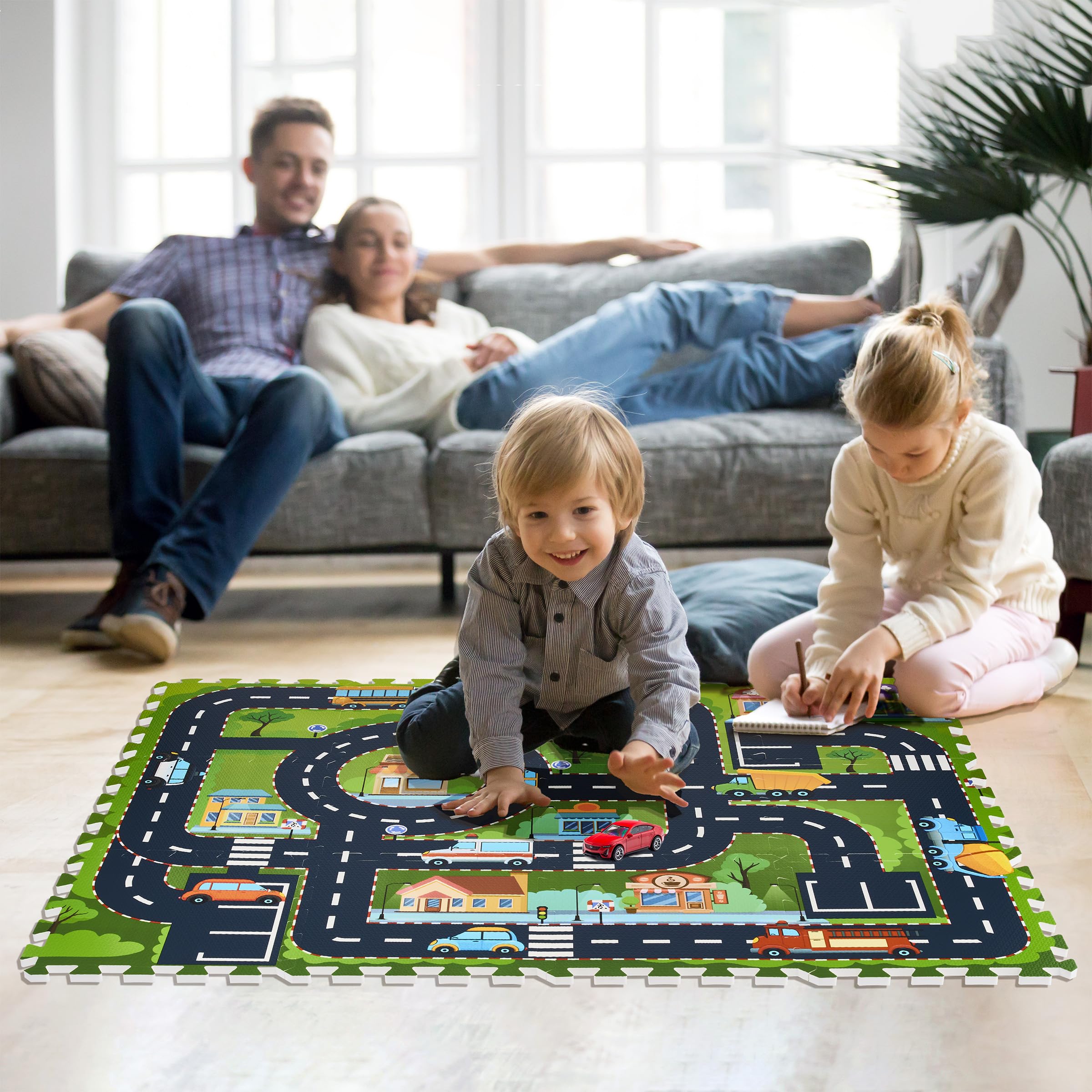 Sorbus Foam Playmat for Kids - Traffic Play Mat for Babies - Interlocking Floor Mats City Road Design - Track Play Rug for Children - Educational Playmat Rug Squares for Toy Cars & Trucks (12 Tiles) - Image 3