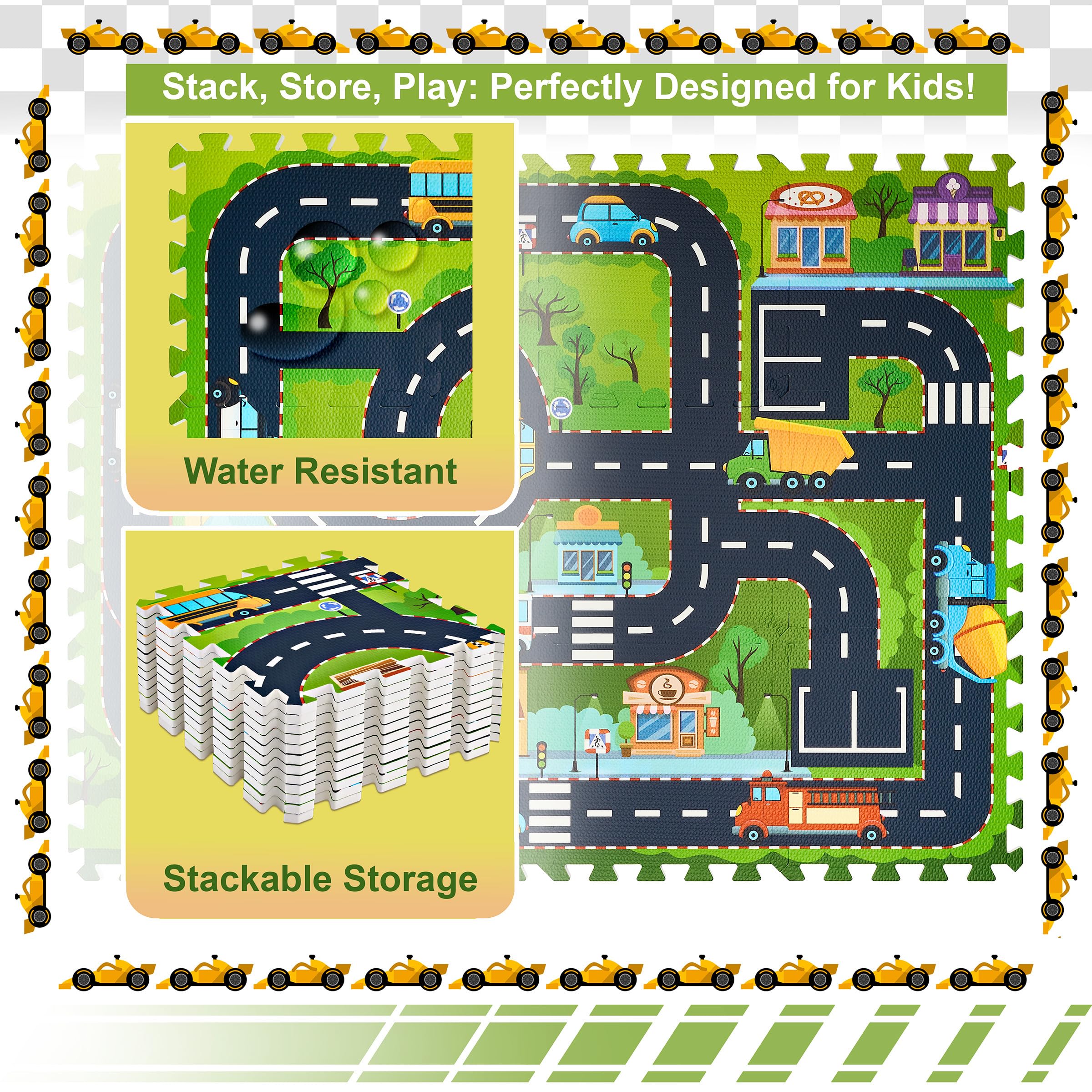 Sorbus Foam Playmat for Kids - Traffic Play Mat for Babies - Interlocking Floor Mats City Road Design - Track Play Rug for Children - Educational Playmat Rug Squares for Toy Cars & Trucks (12 Tiles) - Image 4