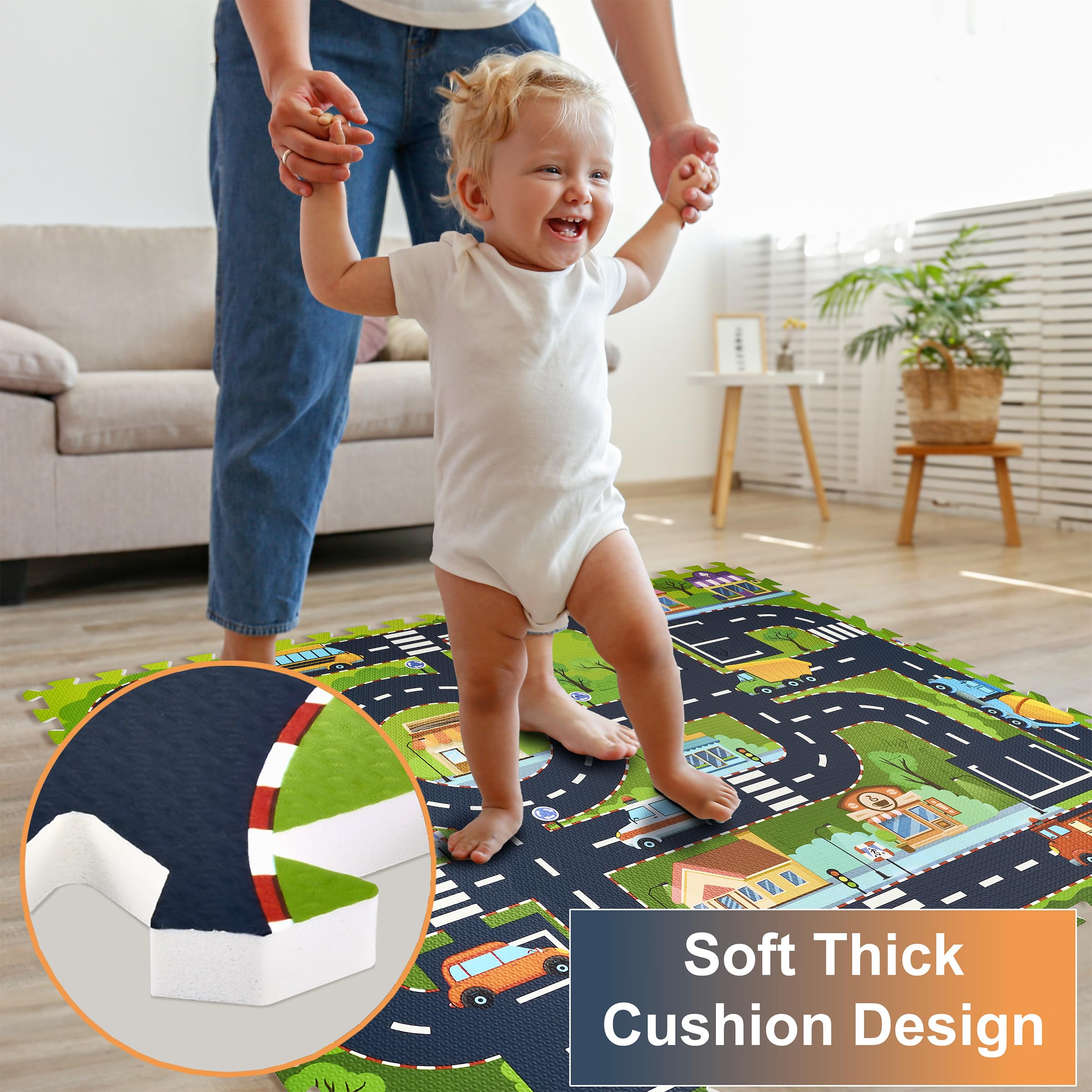 Sorbus Foam Playmat for Kids - Traffic Play Mat for Babies - Interlocking Floor Mats City Road Design - Track Play Rug for Children - Educational Playmat Rug Squares for Toy Cars & Trucks (12 Tiles) - Image 5