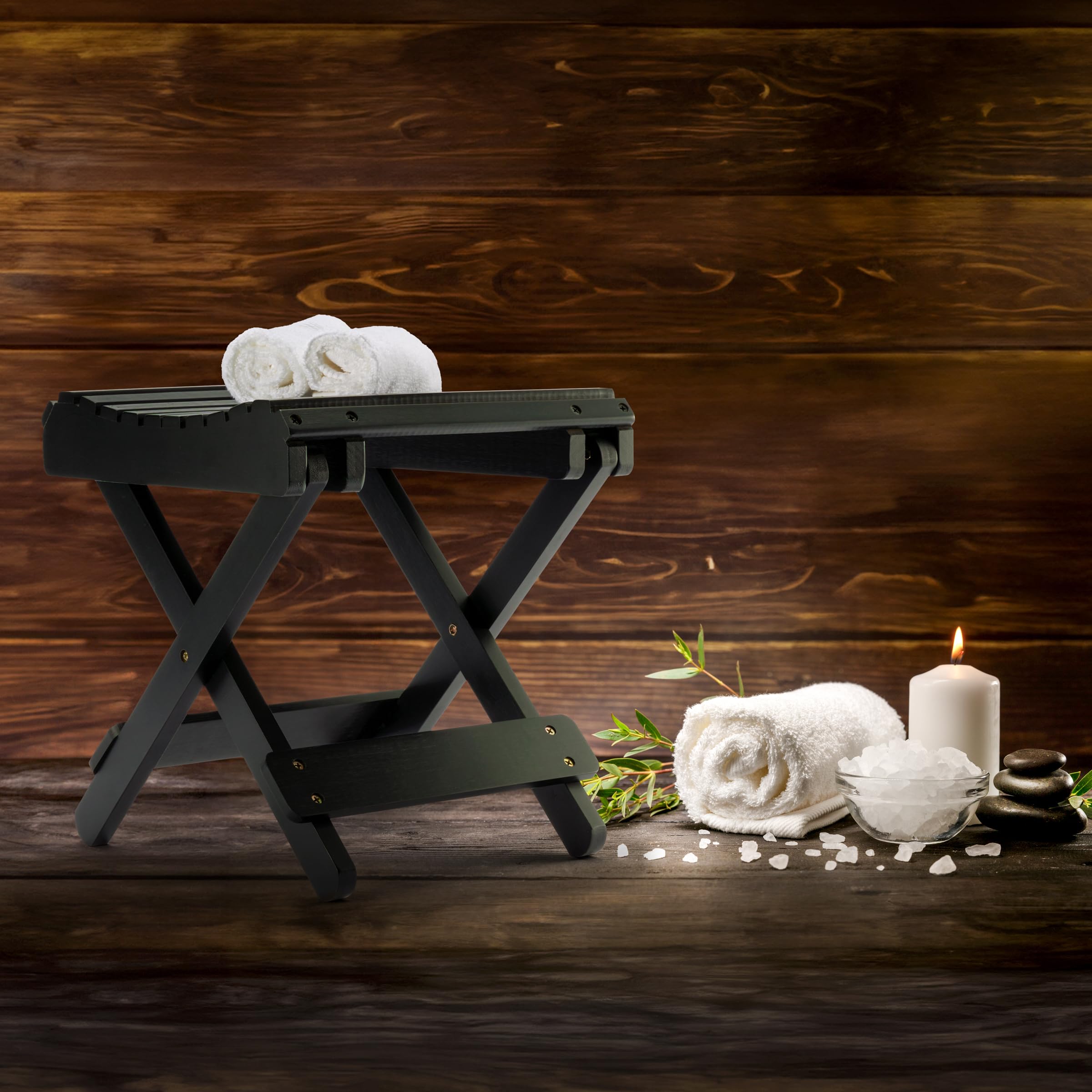 Sorbus Foldable Shower Stool – Bamboo Foot Rest & Shaving Stool for Inside Shower – Portable Step Stool, Folding Shower Bench, Wooden Sauna Chair, Bathtub Foot Rest – 11" x 10.75" x 12" (Black) - Image 6
