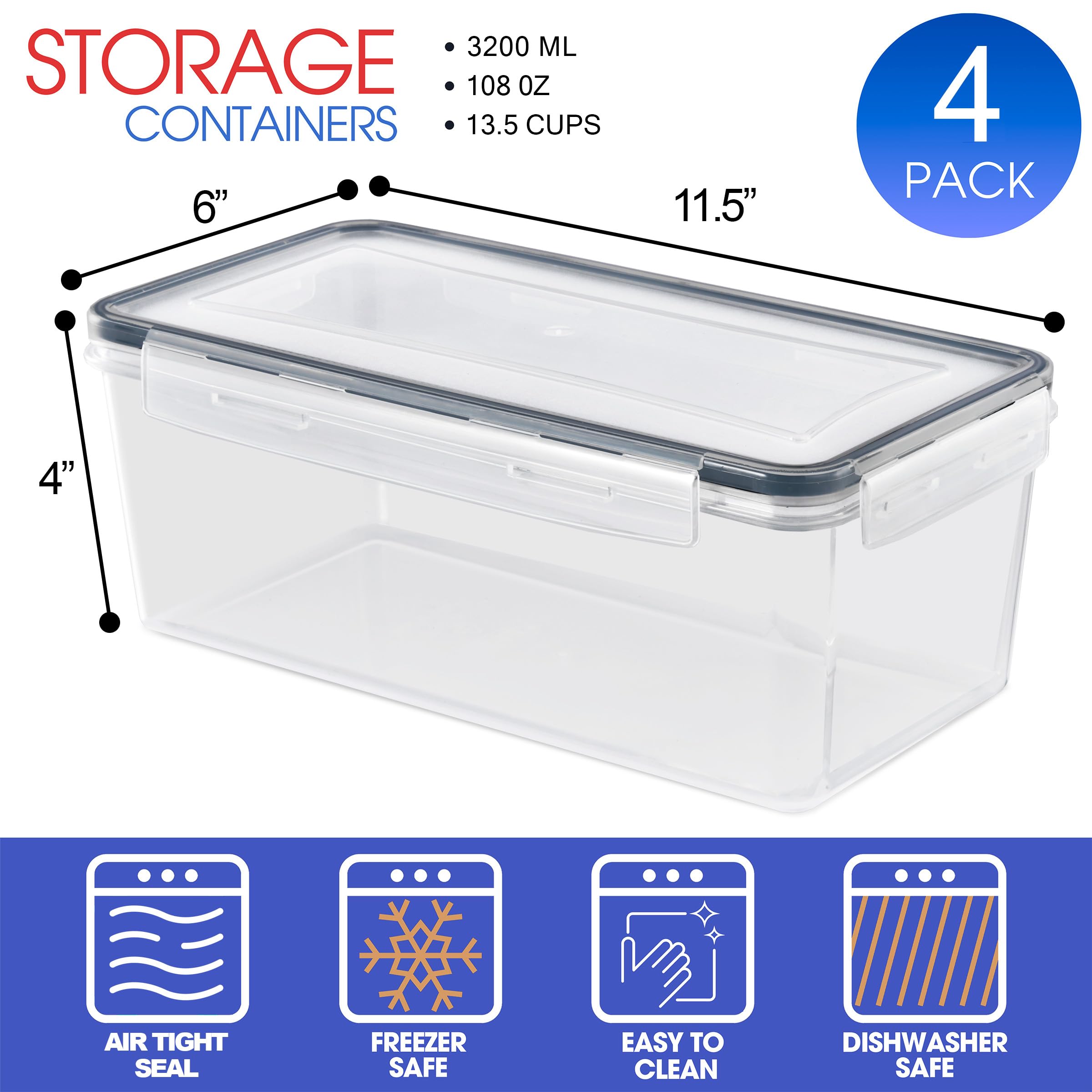 Sorbus Food Storage Containers - Pack of 4 - Air Tight, Four-Way Snap Lids Keeps Food Fresh - Store Cereal, Pasta, Flour, Nuts, Candy - Durable Plastic Kitchen Pantry Bins - Image 4