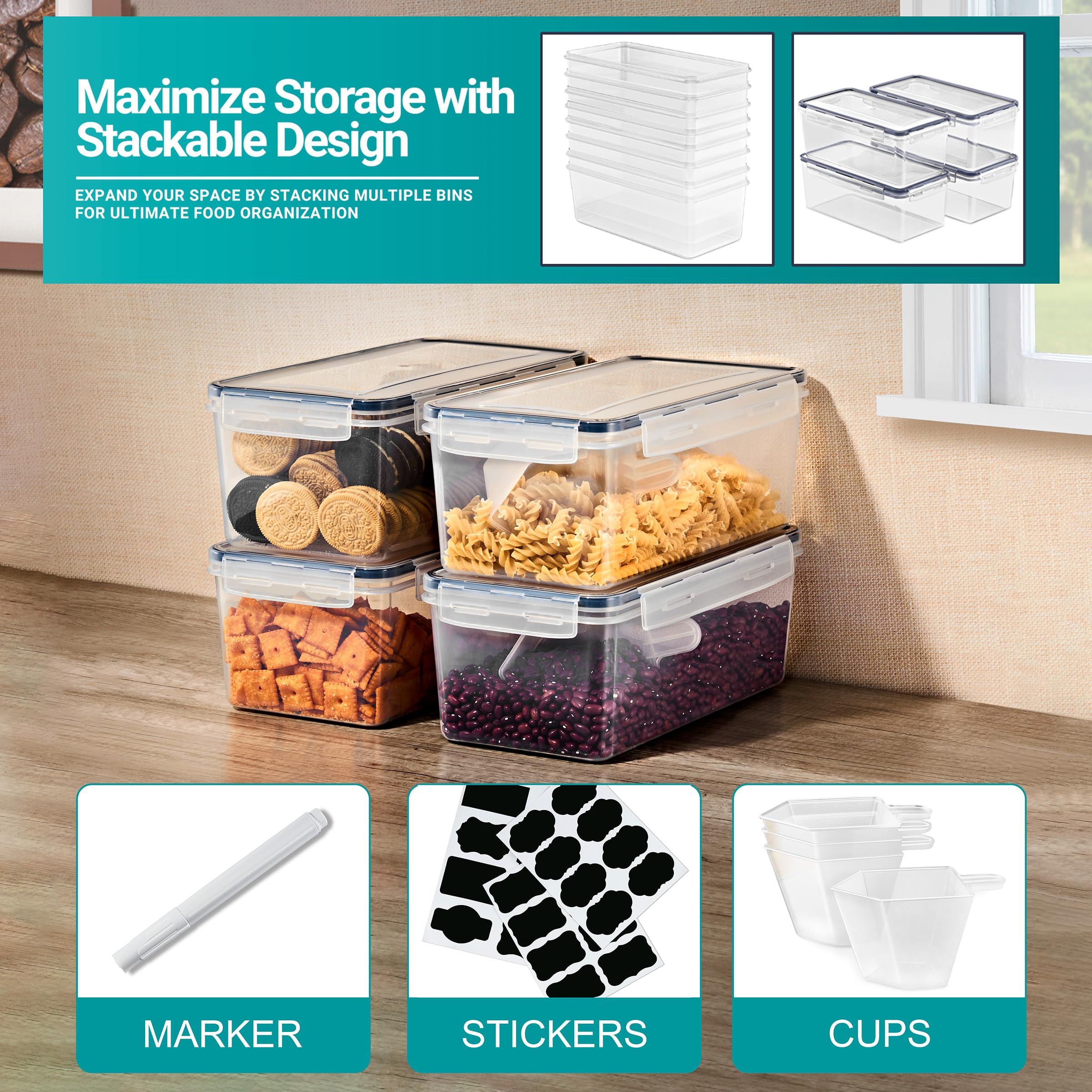 Sorbus Food Storage Containers - Pack of 4 - Air Tight, Four-Way Snap Lids Keeps Food Fresh - Store Cereal, Pasta, Flour, Nuts, Candy - Durable Plastic Kitchen Pantry Bins - Image 6