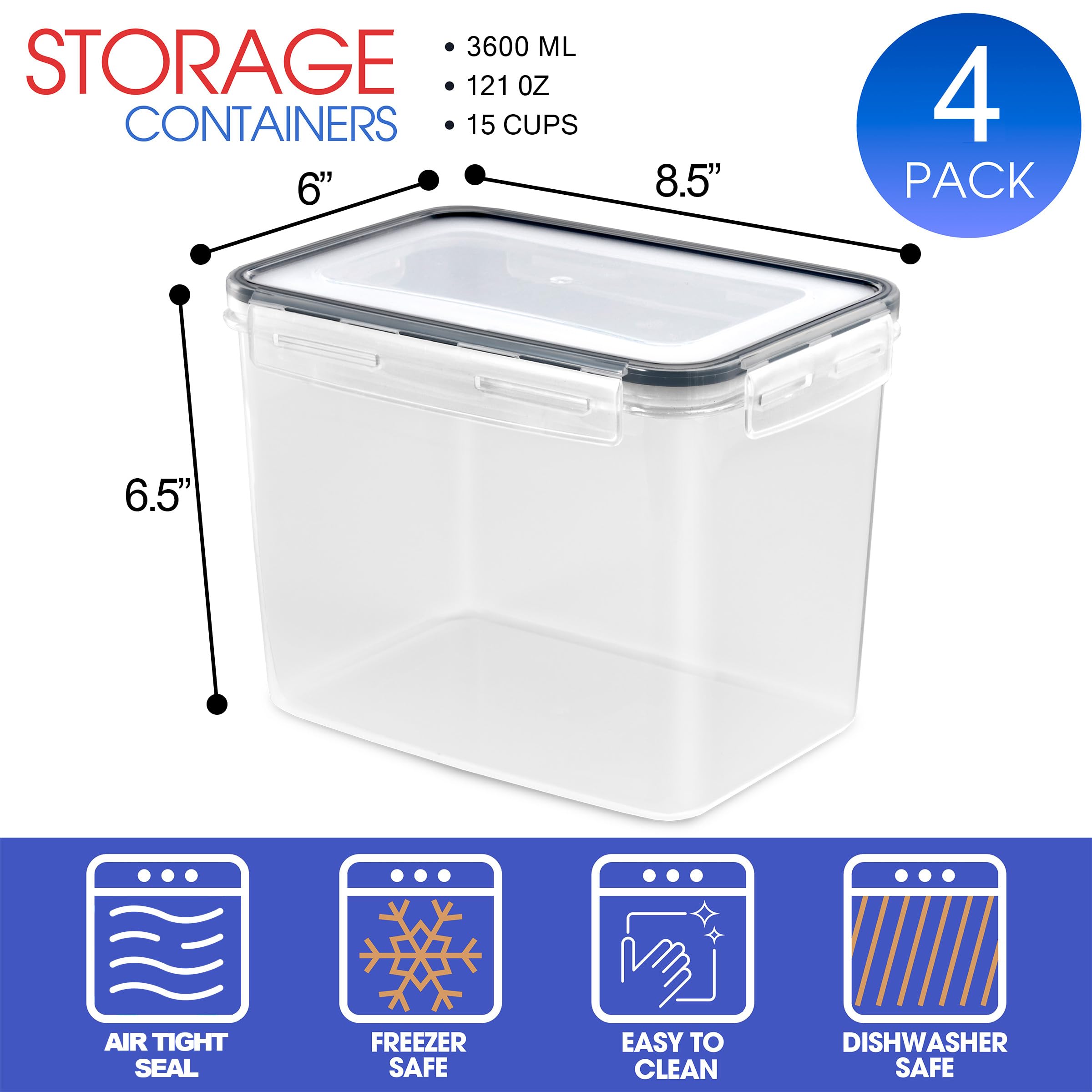 Sorbus Food Storage Containers - Pack of 4 - Air Tight, Four-Way Snap Lids Keeps Food Fresh - Store Cereal, Pasta, Flour, Nuts, Candy - Durable Plastic Kitchen Pantry Bins - Image 4