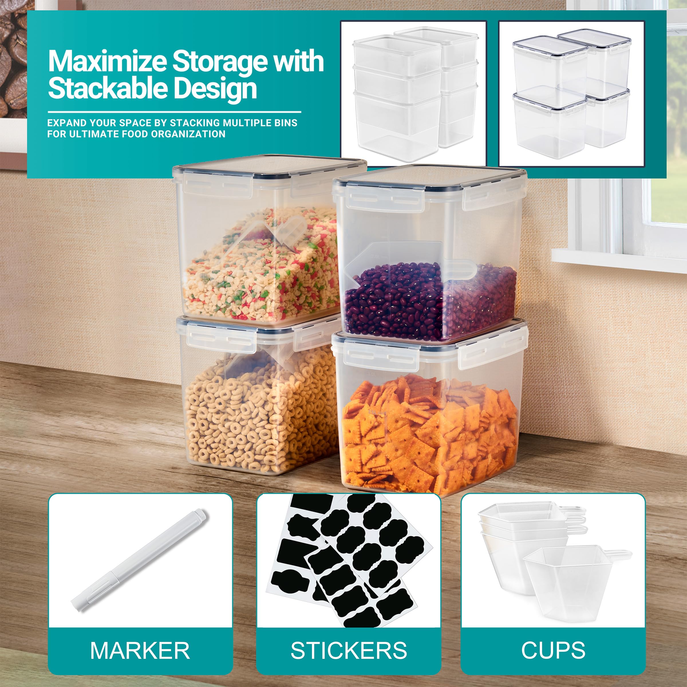 Sorbus Food Storage Containers - Pack of 4 - Air Tight, Four-Way Snap Lids Keeps Food Fresh - Store Cereal, Pasta, Flour, Nuts, Candy - Durable Plastic Kitchen Pantry Bins - Image 6